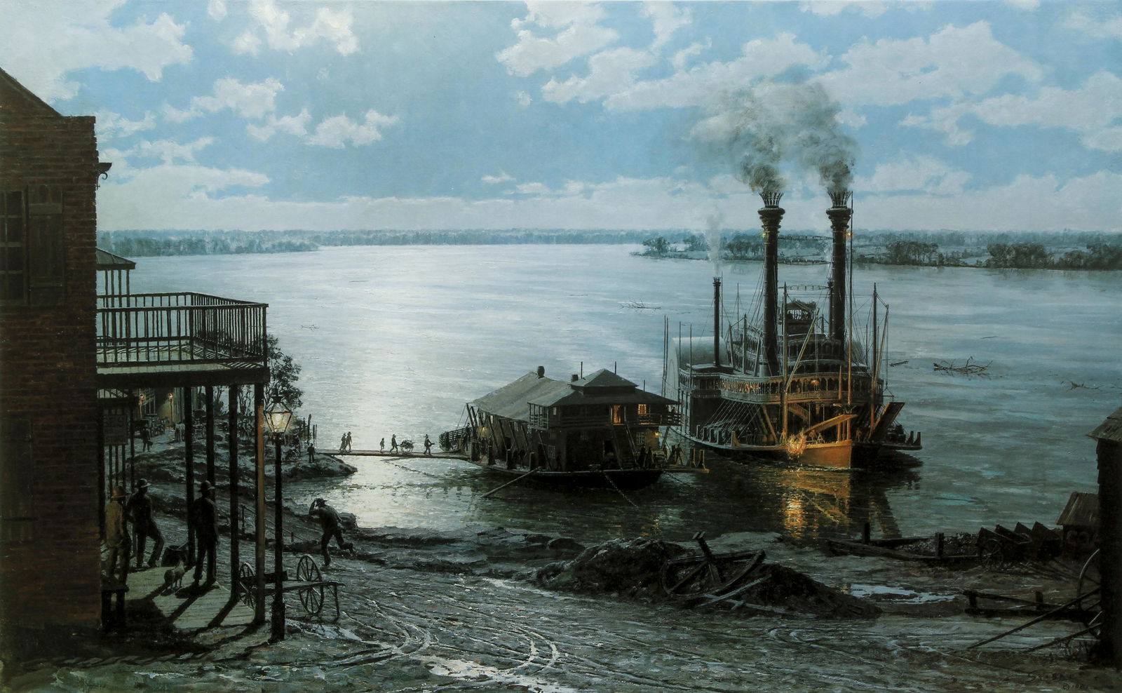 John Stobart Natchez Robert E Lee Steamship: Stobart, John (British, contemporary), Natchez: The Robt. E Lee Arriving at the Wharfboat Natchez Under the Hill in 1882, color litho, 1981, signed and numbered 232/750 lower right and additionally no