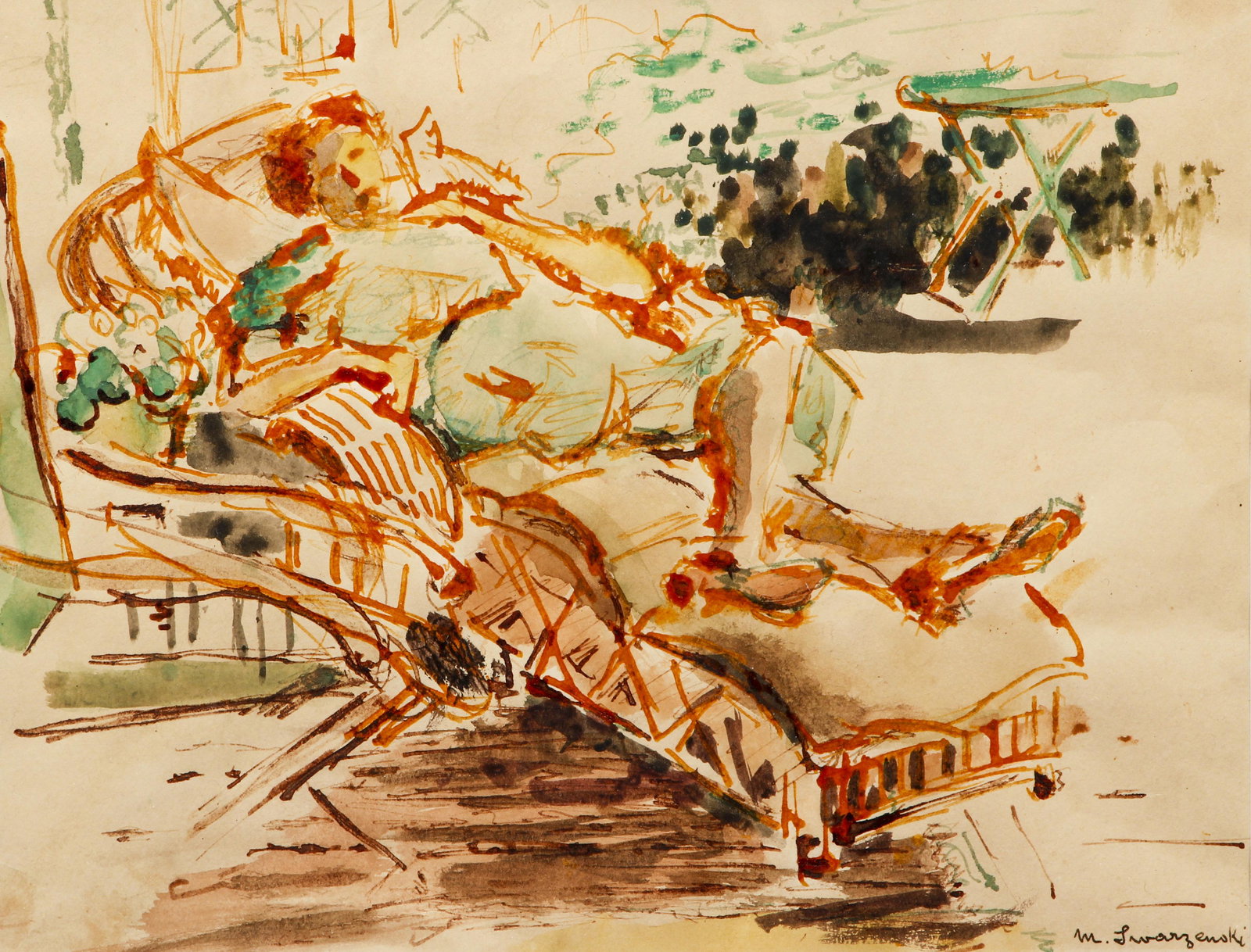 M. Swarzenski watercolor Figure in Outdoor Chaise: Swarzenski, M. (20th Century German American, The wife of Georg Swarzenski 1876-1957), Frau Hummel from Chestnut Hill, watercolor, 8 x 10.25 inches, signed M. Swarzenski lower right, Provenance: Gift