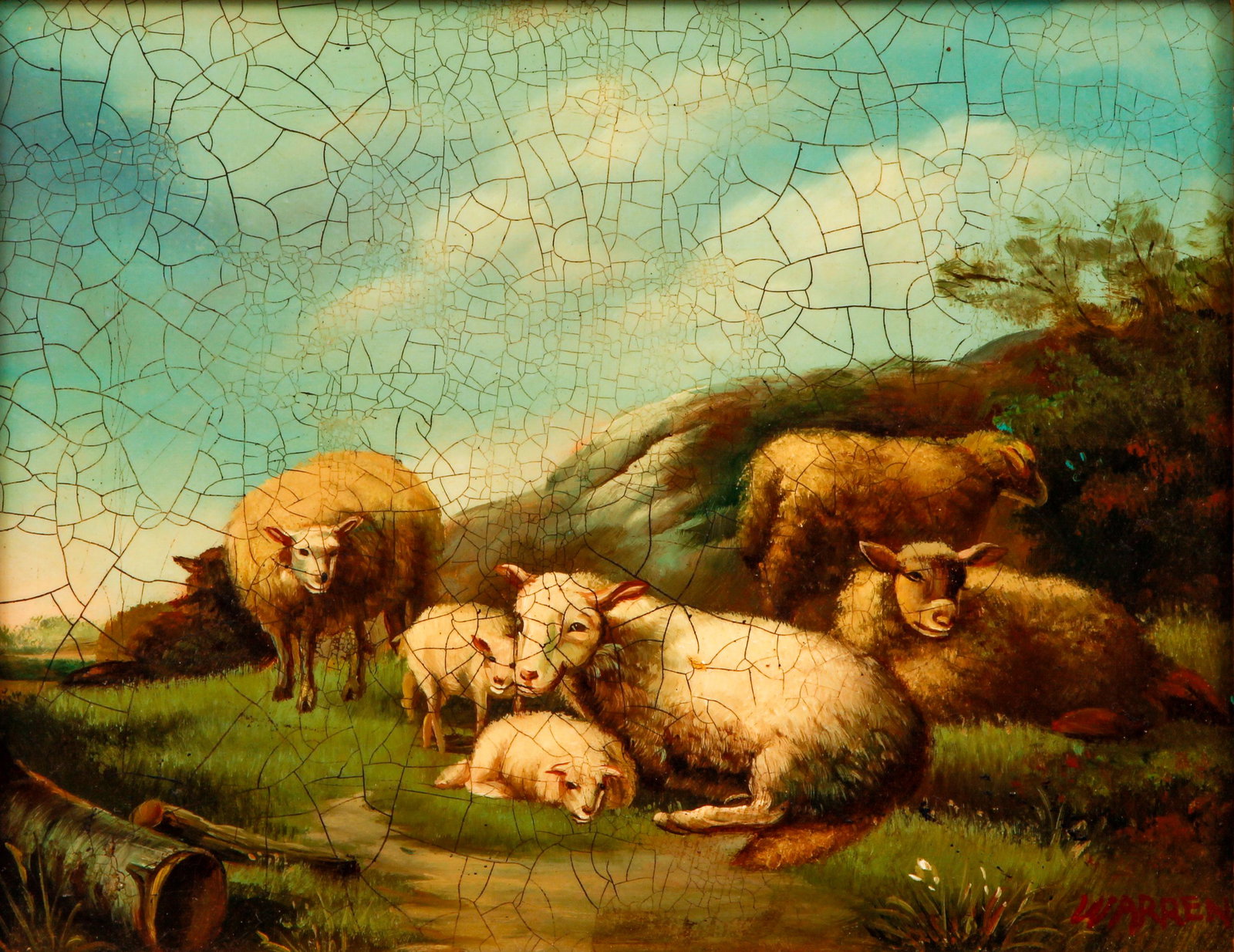 Sheep Resting in a Landscape oil by Warren: Warren, (20th Century Decorative School), Sheep Resting in a Classical Landscape, oil on canvas, 8 x 10 inches, signed lower right, framed 18 x 20 inches