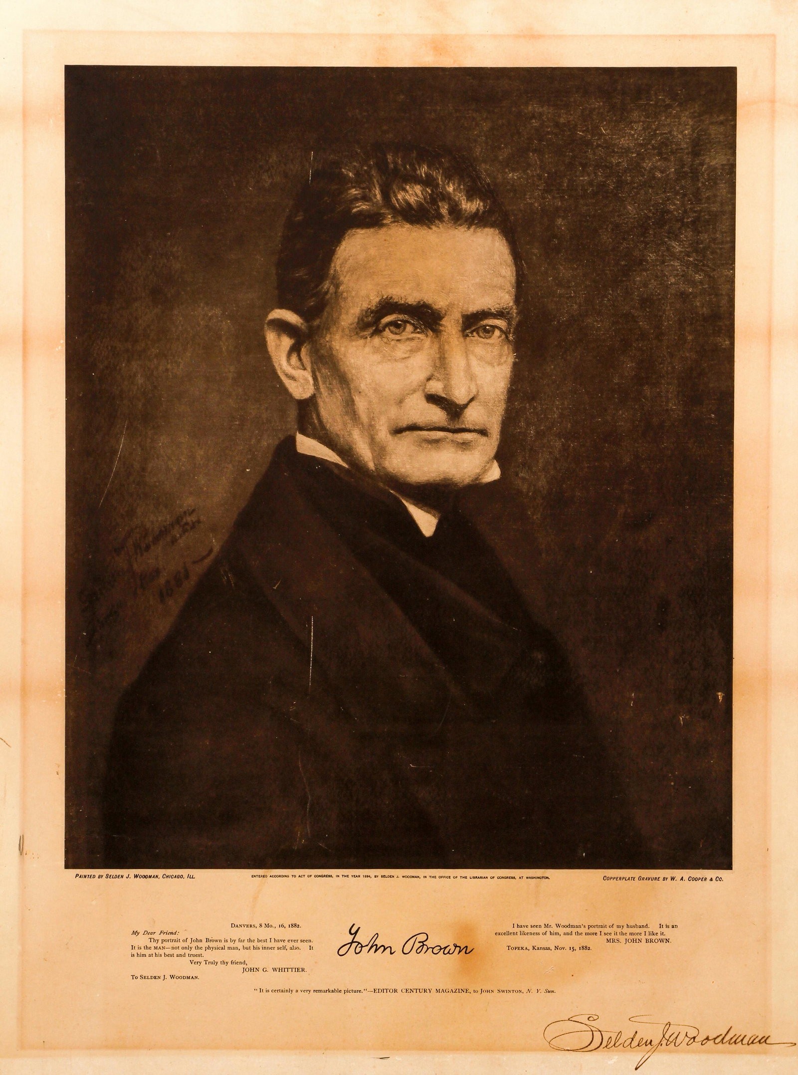 Portrait of John Brown engraving after Seldon Woodman: Woodman, Seldon James (American 1834-1923), John Brown, 1884, copperplate gravure, 19 x 14 inches, signed in ink by Woodman, Framed with museum glass measuring 30 x 25 inches, Provenance: The Estate o