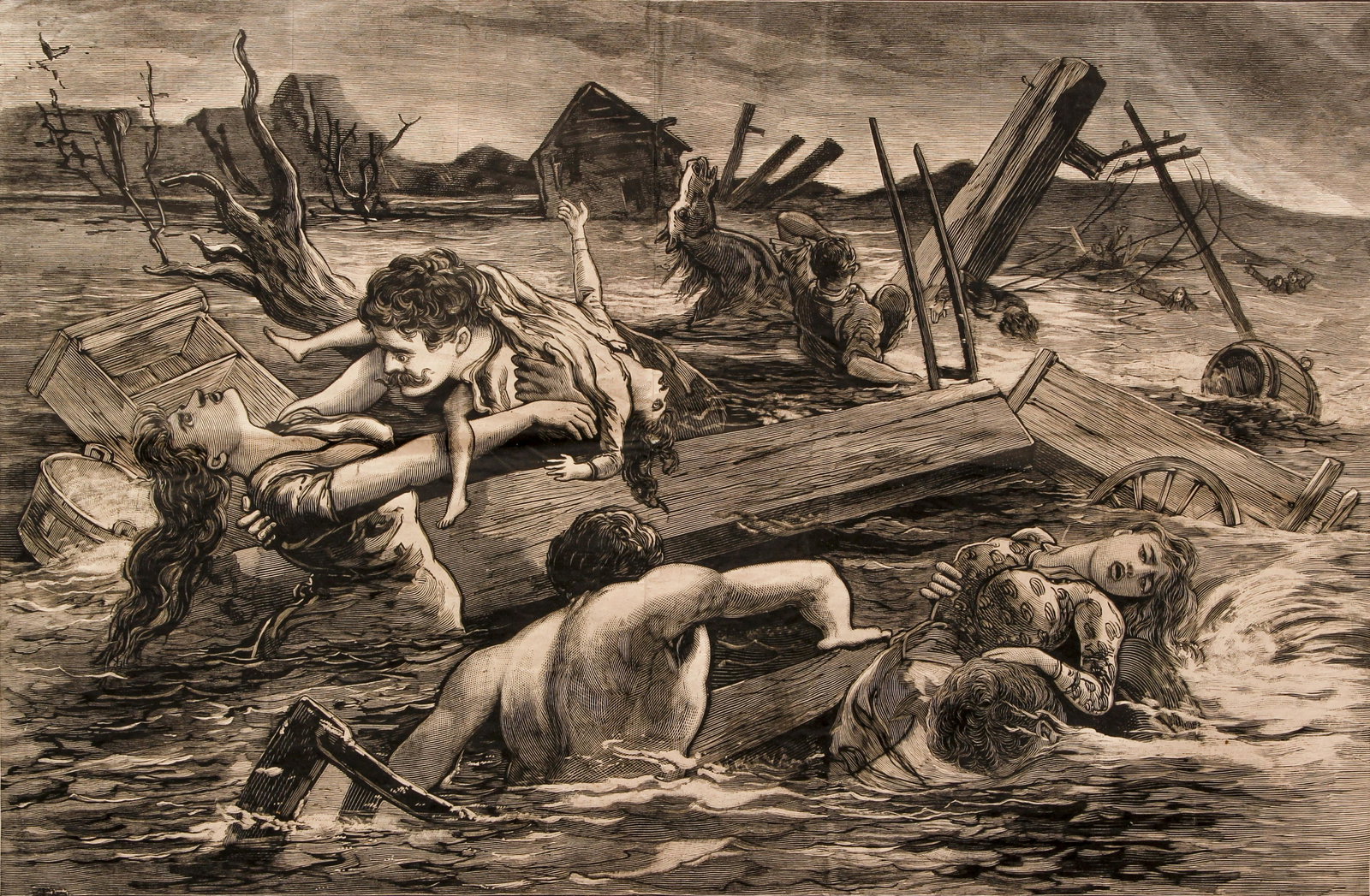 Johnstown Flood Newspaper Illustration 1889: Double page illustration from The National Police Gazette of the Johnstown Flood titled "The Awful Conemaugh River Horror, The Death Dealing Waters Hurry Onward to their Maker Thousands of the Men, Wo
