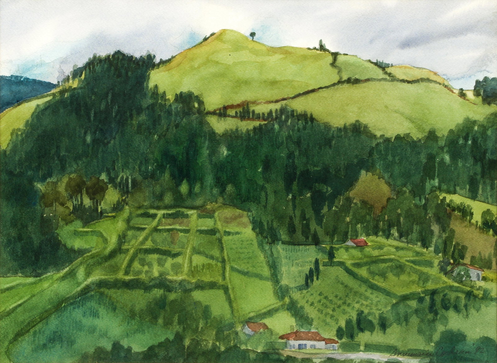 Cochran watercolor of Pa. Farm Land: Cochran, (20th Century Pa. School), Pennsylvania Farm Land, 1992, watercolor, 11 x 15 inches, signed indistinctly lower right, framed in a silver metal frame measuring 16 x 20 inches.