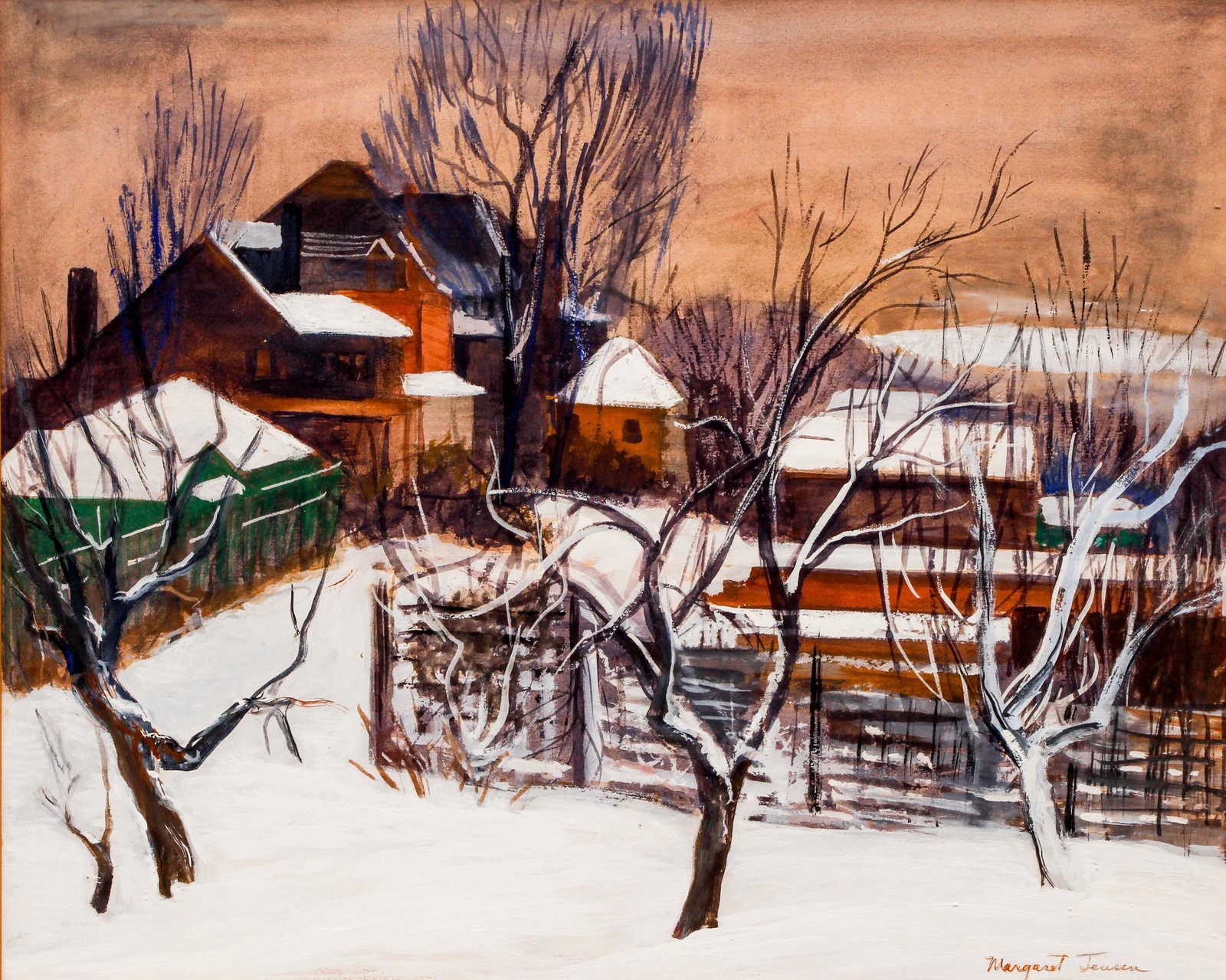 Margaret Edmonds Jensen 1940's ptg. Winter Shadyside: Jensen, Margaret Edmonds ( American/Pittsburgh, d. 1978), Winter (Shadyside), circa 1947, watercolor and gouache, 16 x 19.5 inches, signed lower right, Provenance: The Estate of Joan Frank Apt, framed