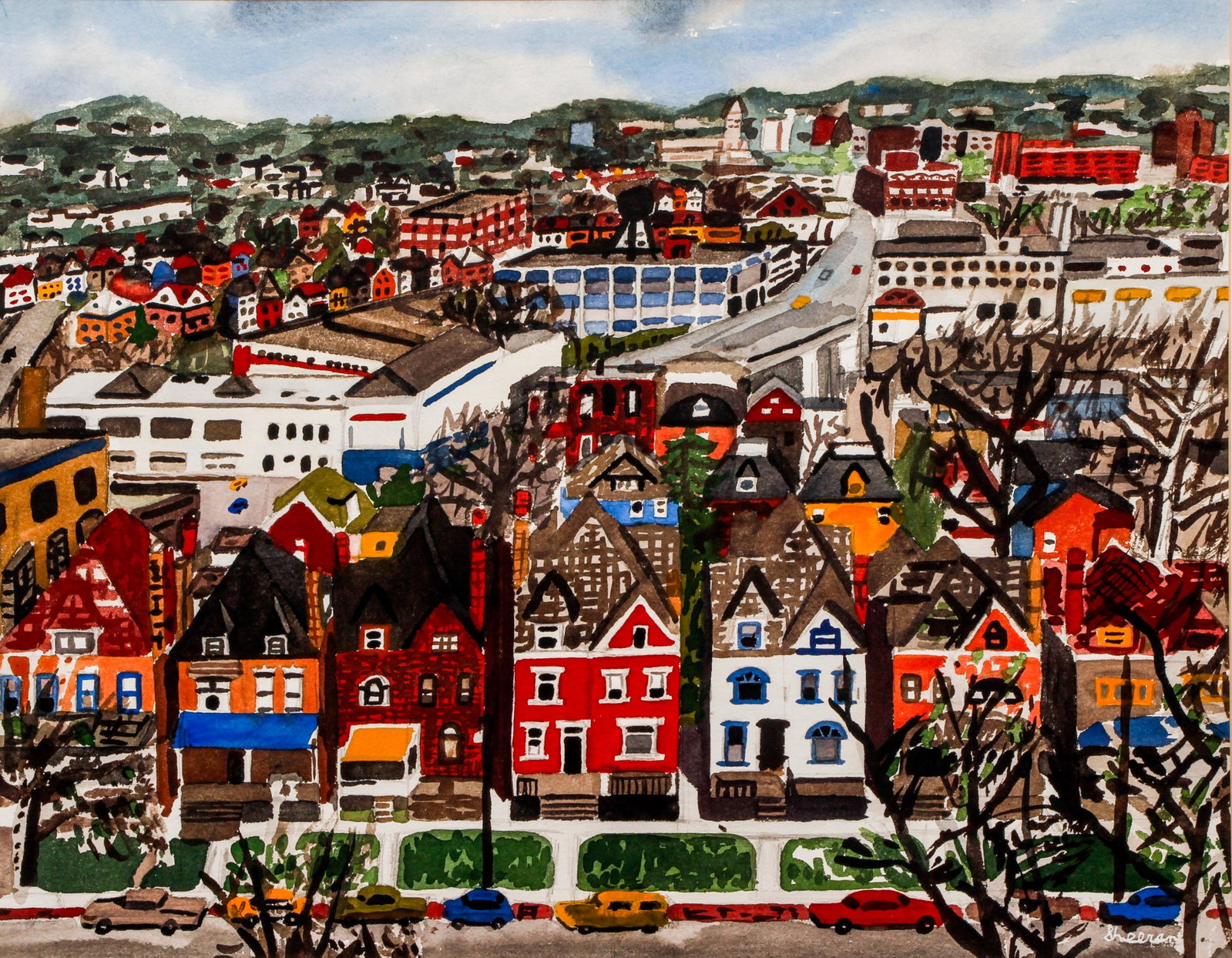 Sandra Sheeran wc View of Lawrenceville: Sheeran, Sandra (20th Century American), View of Lawrenceville, watercolor, 21 x 27.25 inches, signed lower right, framed measuring 28 x 34 inches