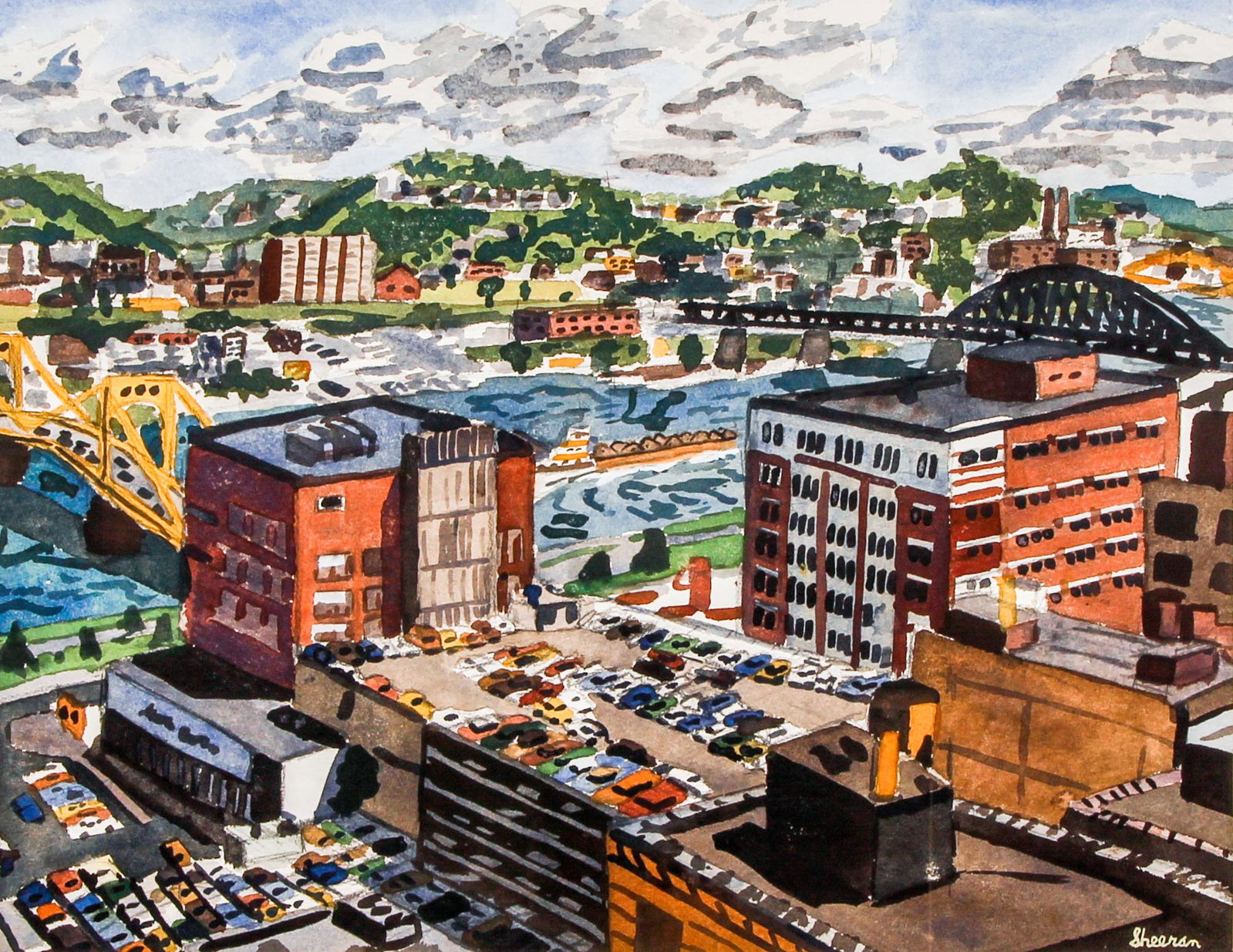 Sandra Sheeran wc View of Pittsburgh: Sheeran, Sandra (20th Century American), View of Pittsburgh, watercolor, 21 x 27.25 inches, signed lower right, framed measuring 28 x 34 inches