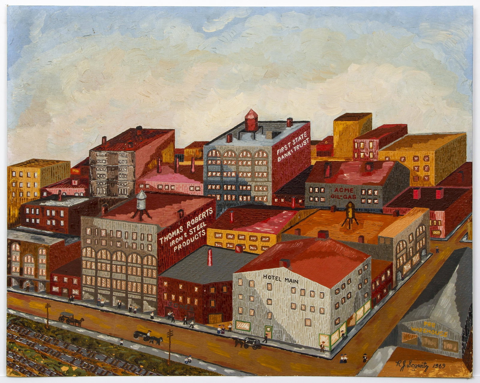 R J Sogwitz 1969 ptg. Block of Western Pa. Town: Sogwitz, R. J. (20th Century Western Pa. Self Taught School), Square Block of Western Pa. Town, 1969, oil on canvasboard, 24 x 30 inches, signed lower right, Provenance: The Estate of Charles M. Diez,