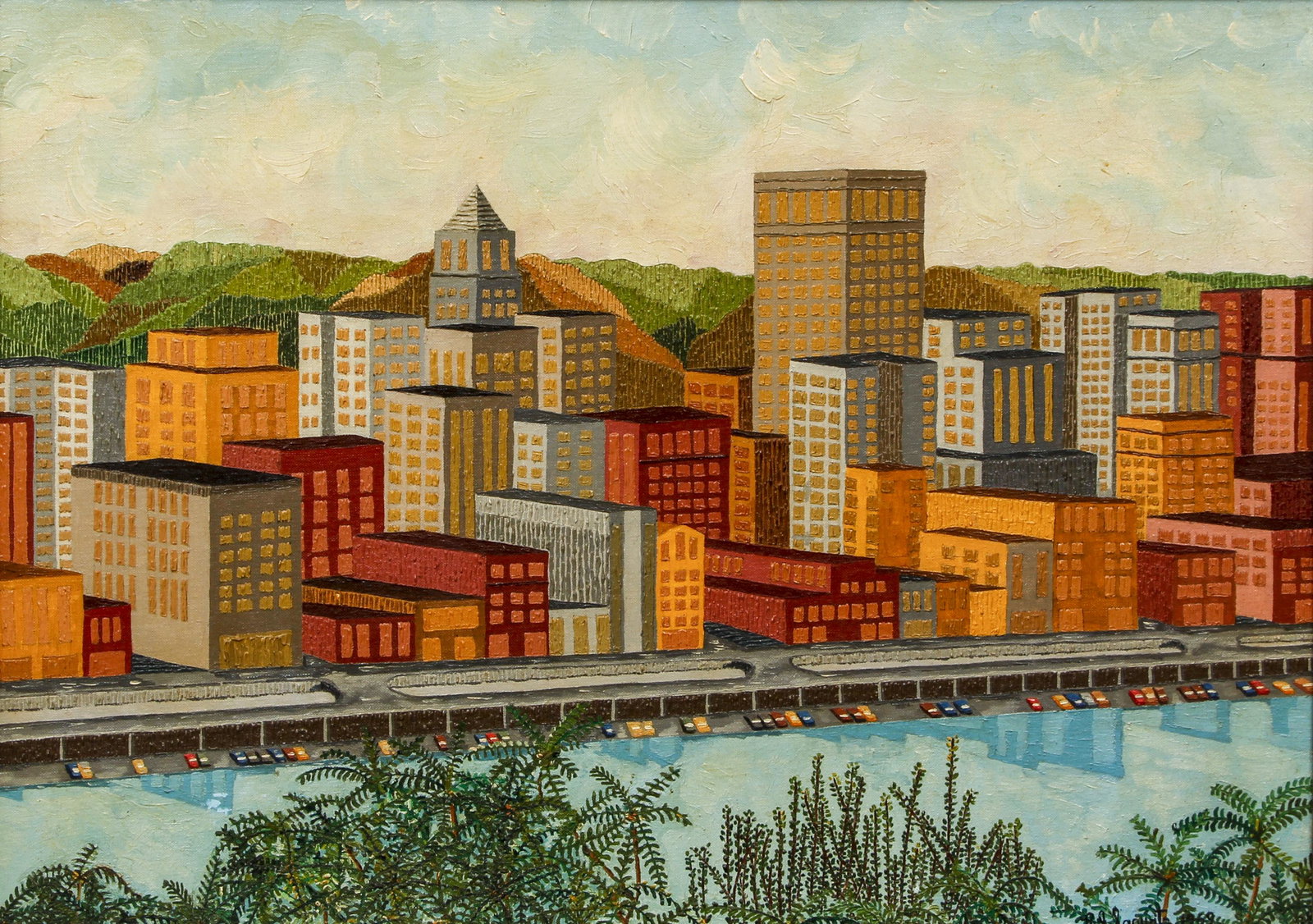 R J Sogwitz 1969 View of Pittsburgh from Mt Washington: Sogwitz, R. J. (20th Century Western Pa. Self Taught School), View of Pittsburgh from Mt Washington, 1969, oil on canvasboard, 20 x 30 inches, signed lower right, Provenance: The Estate of Charles M. 