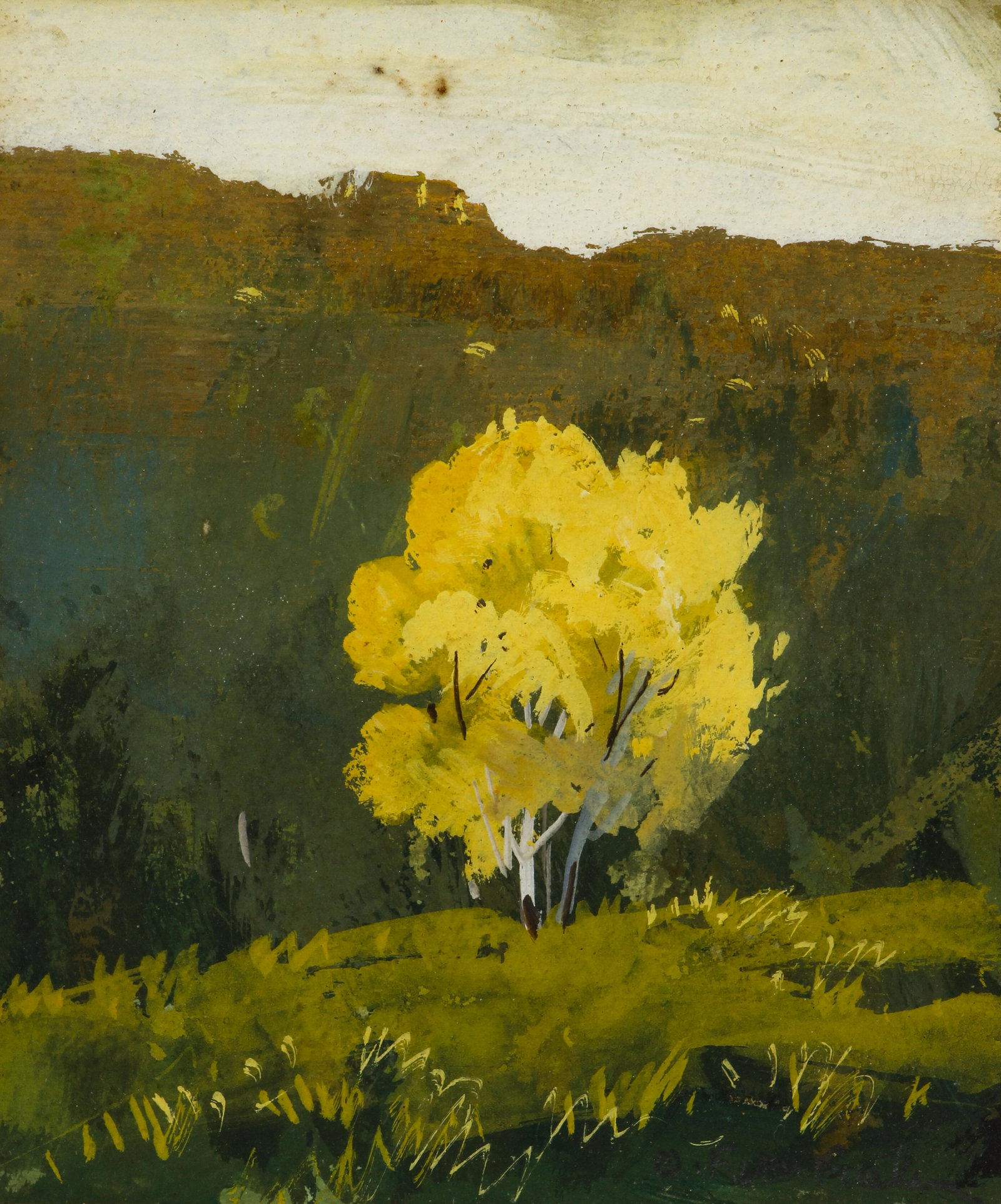 Ottmar Von Fuehrer 1948 gouache The Yellow Tree: Von Fuehrer, Ottmar (Austrian/American, Western PA., 1900 - 1967), The Yellow Tree, 1948, gouache on paper, 5 x 4 inches, signed lower right, framed measuring 8.5 x 6.5 inches, Provenance: 1948 New Ye