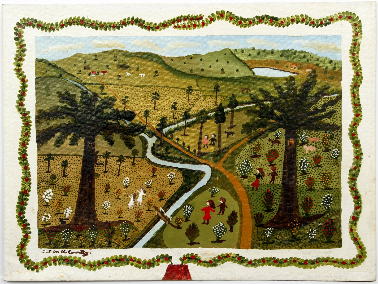 William West 1974 Folk Painting PA Country: West, William H. (American/Trafford, Pennsylvania, 1881-1975), Out in the Country, 1974, gouache and acrylic on canvas board, signed and dated December 5, 1974 lower right, 18 x 24 inches, unframed. A