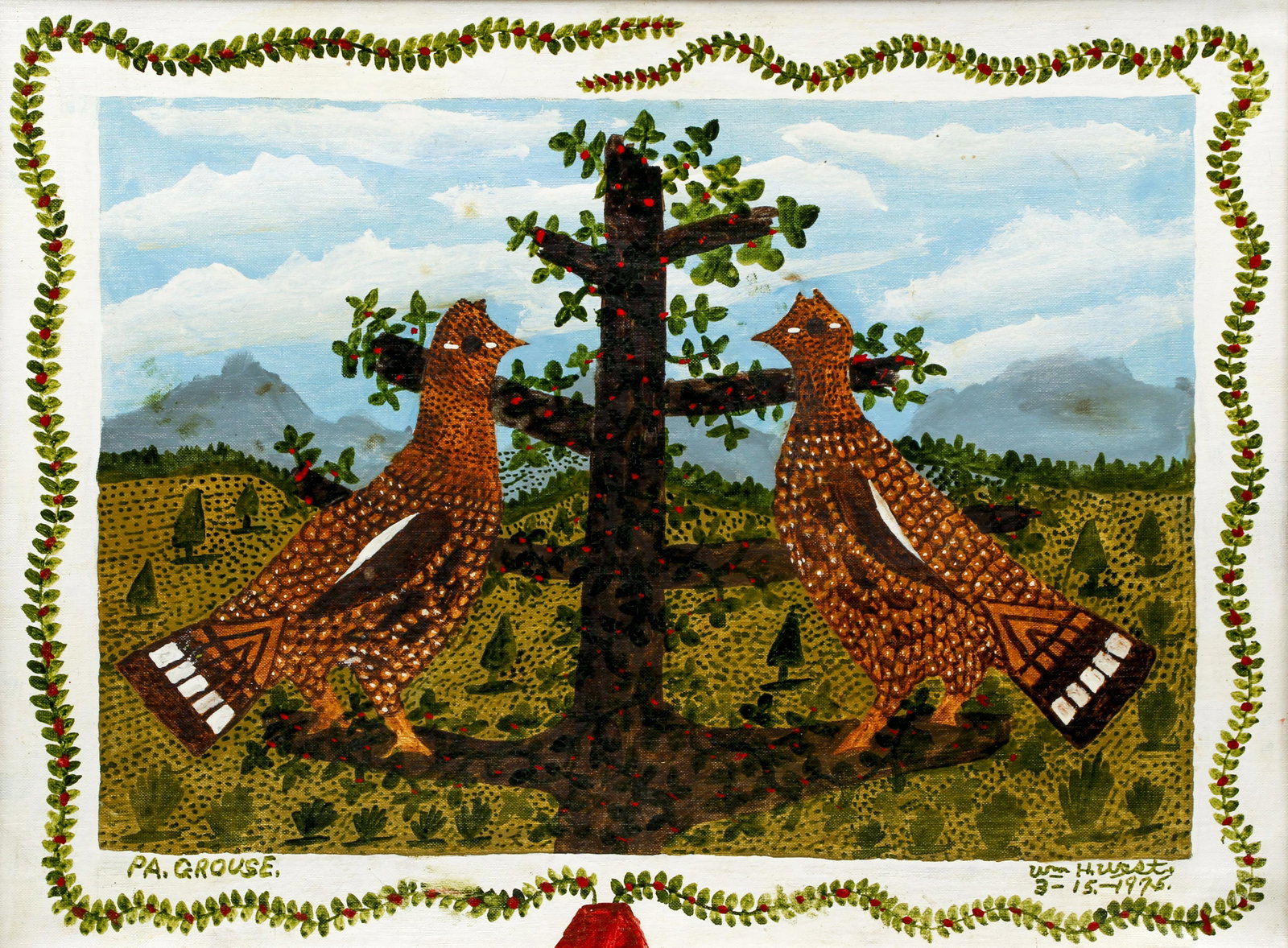 William West 1975 Folk Painting PA Grouse: West, William H. (American/Trafford, Pennsylvania, 1881-1975), PA Grouse, 1975, gouache and acrylic on canvas board, signed and dated March 15, 1975 lower right, 18 x 24 inches, in a simple wooden fra