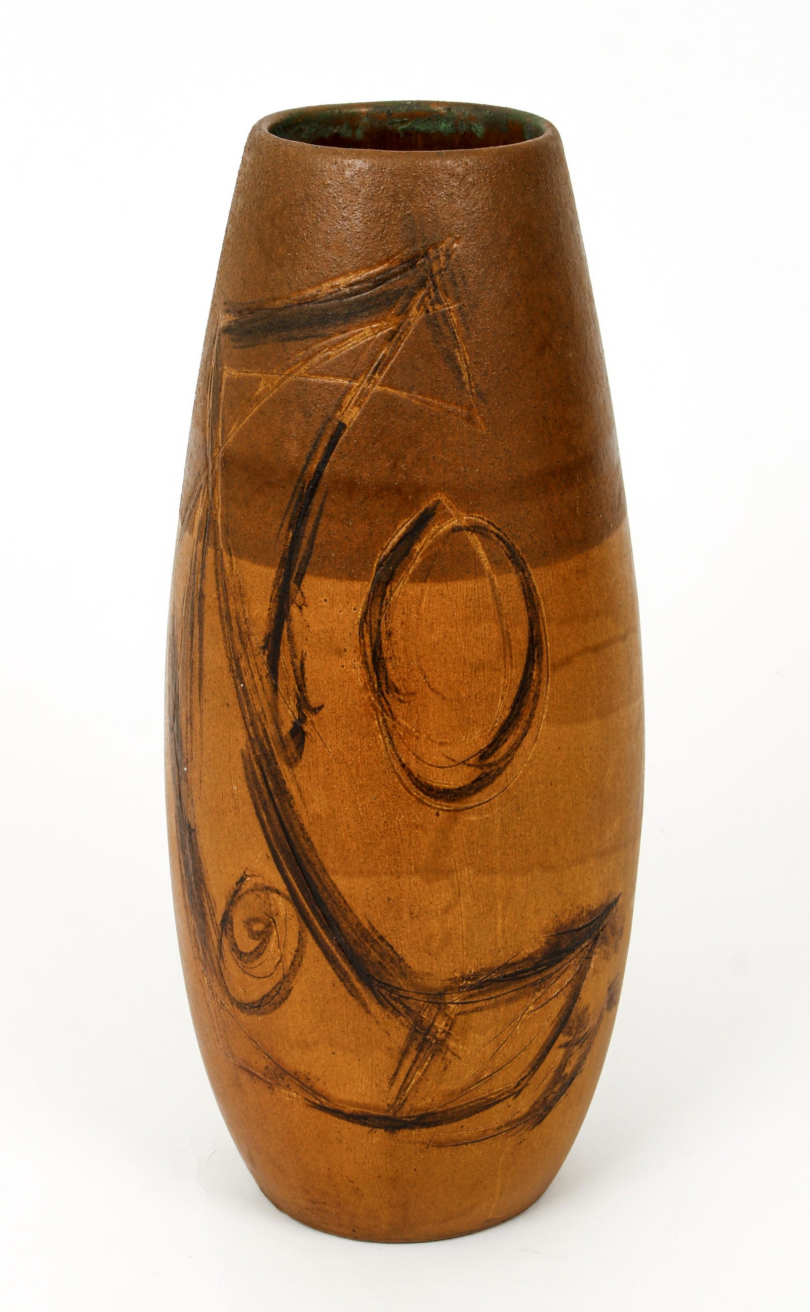 Israeli Modernist Ceramic Vase signed Kadmoon: Kadmoon, stoneware ceramic vase with Abstract decoration, 14.75 inches tall, signed in Hebrew on underside