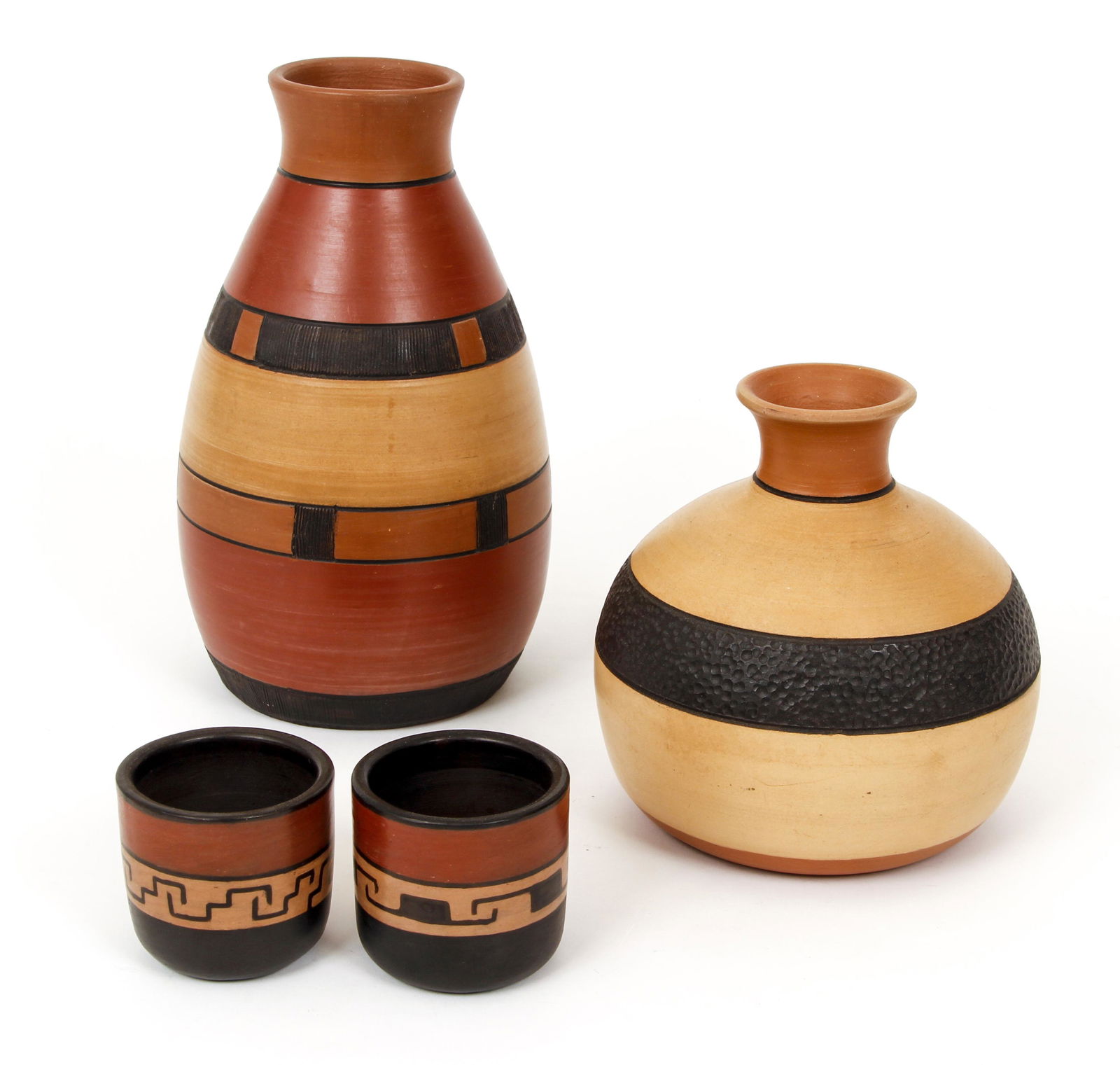 Victor Paz Chilean Ceramics Vases and Cups: Paz, Victor (Chilean, contemporary), Ceramic painted vases and tea cups, total of 4 pieces, 20th century, each one incised with artist's name and location, La Serena, Chile, on the base, tallest vase