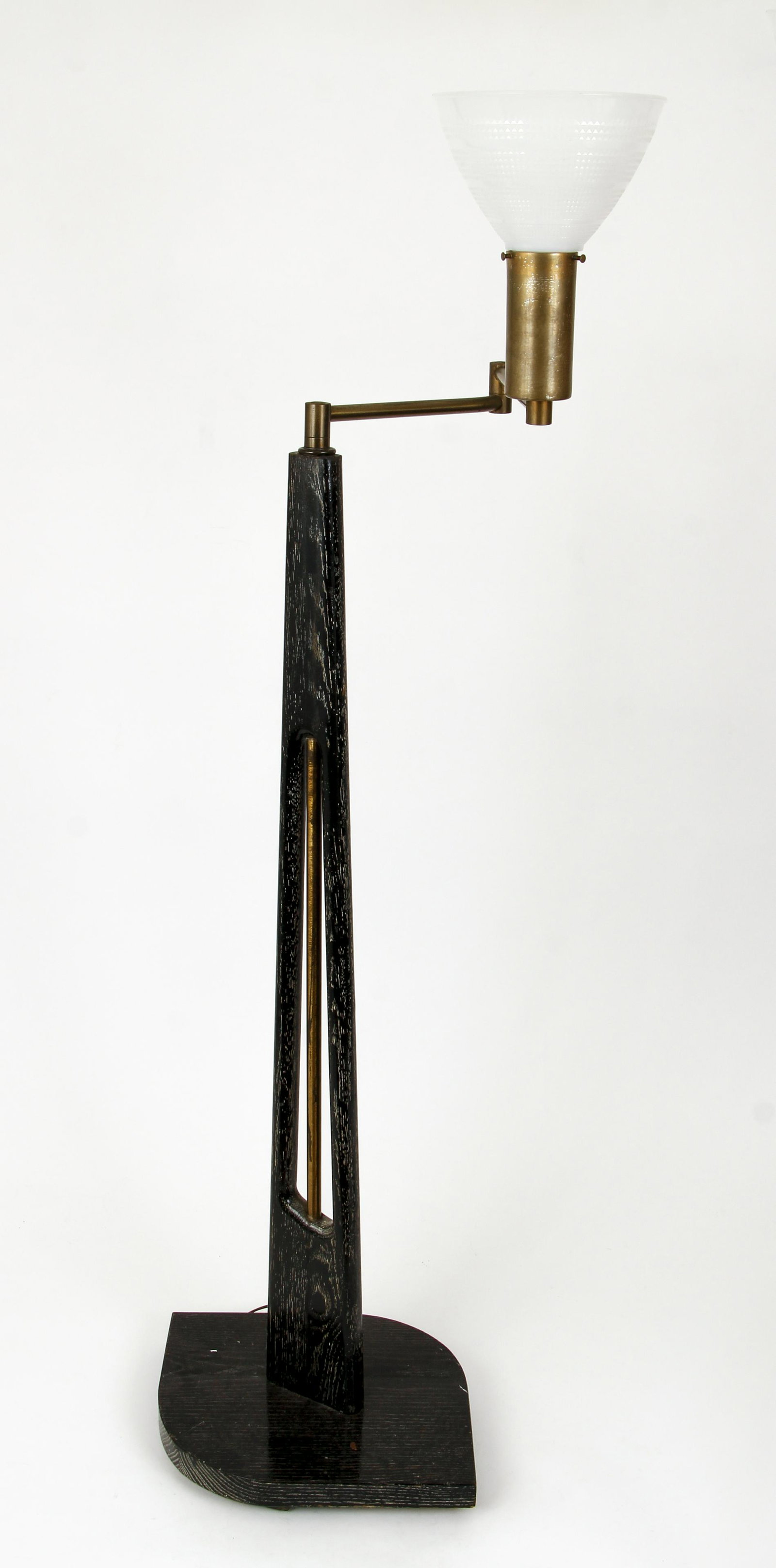 Mid Century Modern Wood Brass Floor Lamp: Mid Century Modern Floor Lamp, black lacquered wood stand and base, brass arm, glass top, height 56 inches, no maker's mark, currently in good working order.