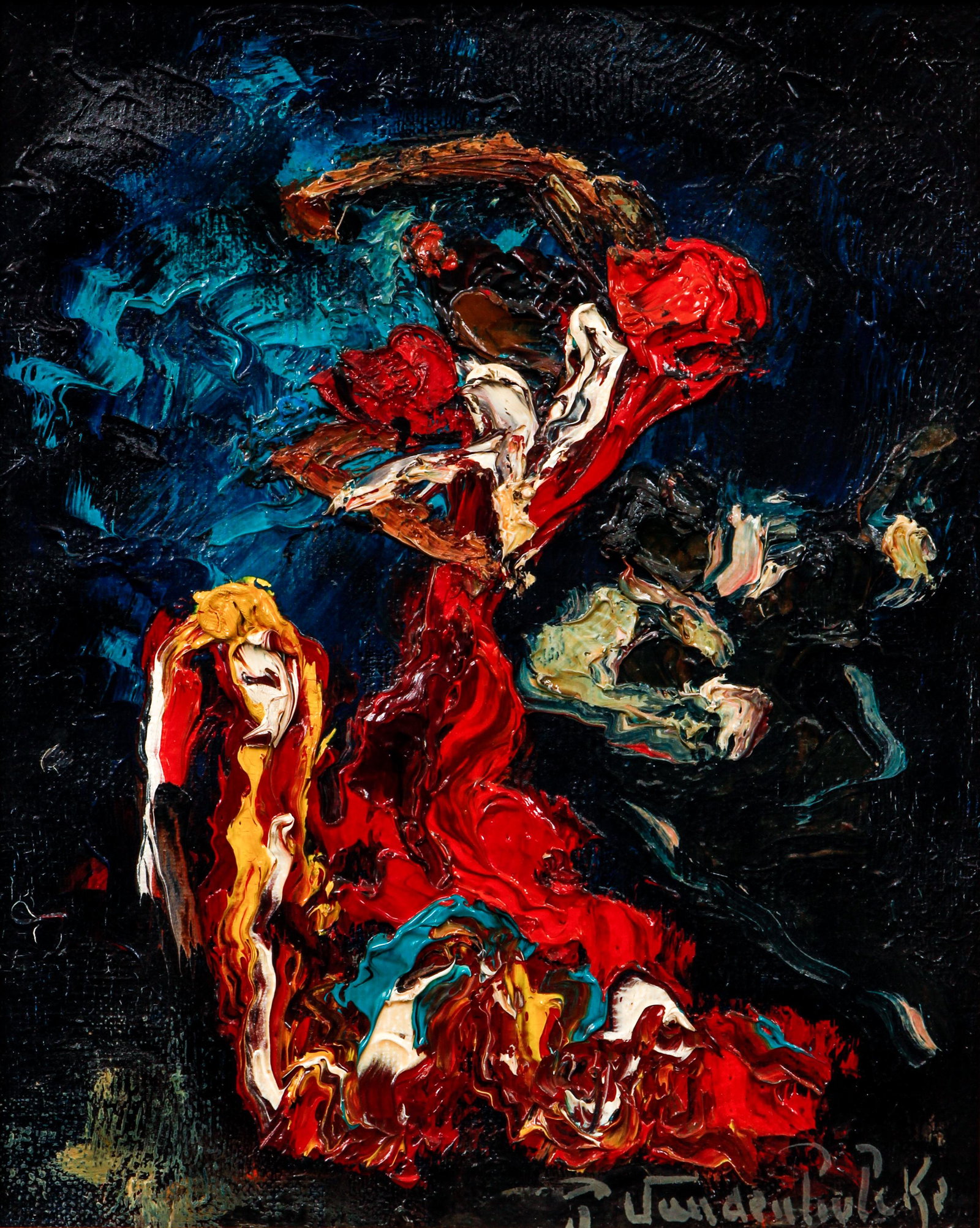 Contemporary Heavy Impasto Dancing Figure: 20th Century European School, Dancing Figure, thick impasto oil on canvas, 10 x 8 inches, signed indistinctly lower right, framed in a gilded wood frame measuring 14 x 12 inches,