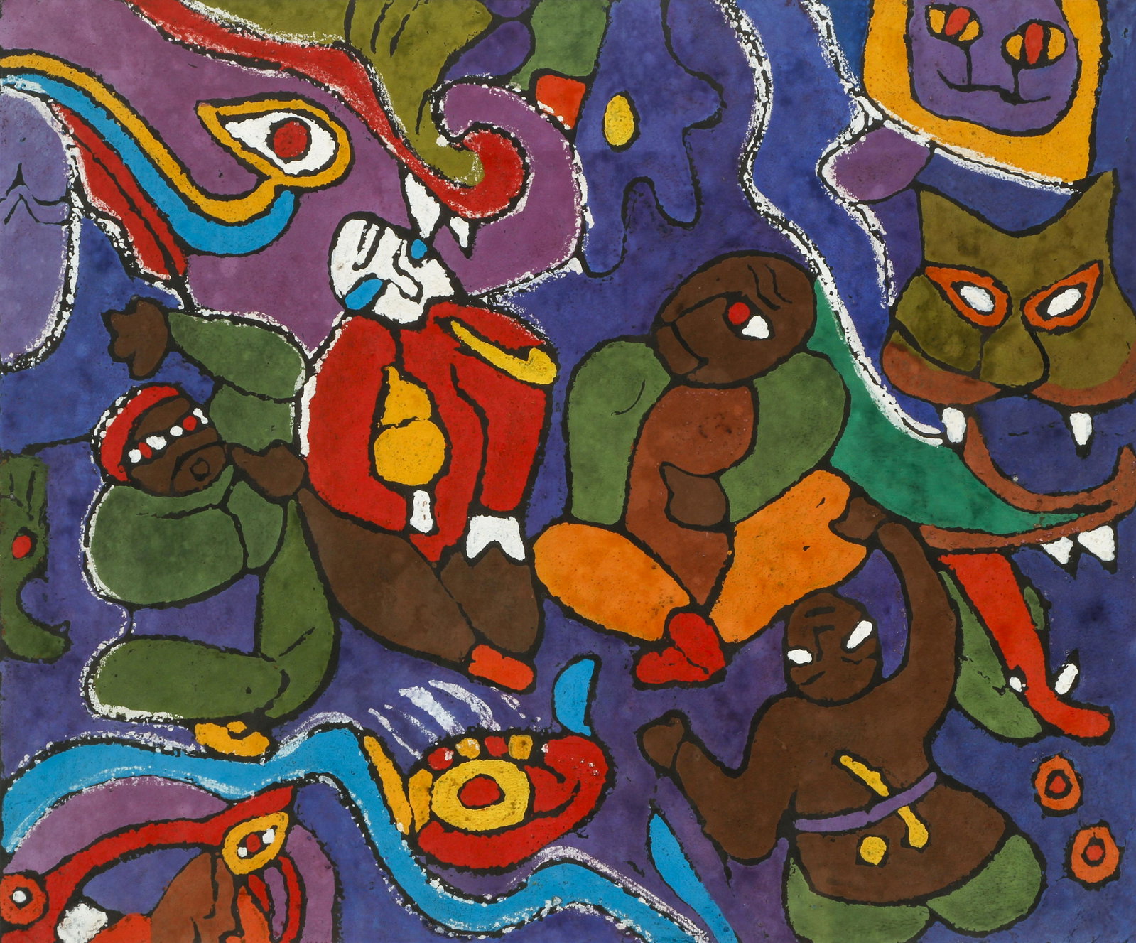 Contemporary Chinese gouache ptg: Contemporary Chinese Artist, Figures with Masks, gouache on paper, 15 x 18 inches, apparently unsigned, purchased by consignor in China, framed with black metal frame measuring 21 x 24 inches