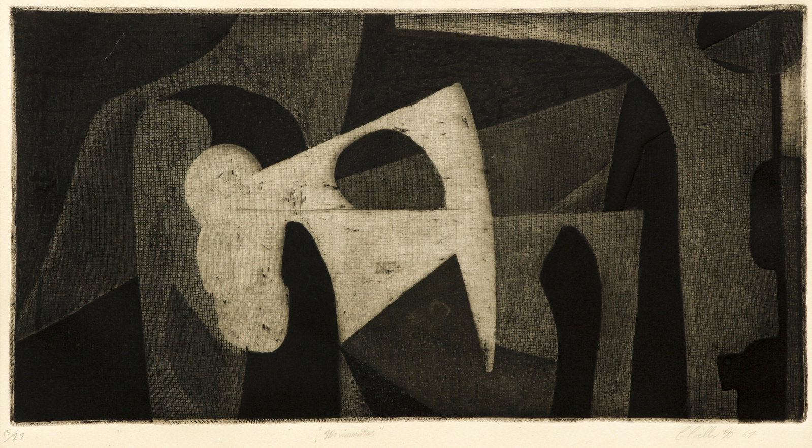 Movimientos 1967 Signed Monochromatic Print Spanish: 20th century Latin American or Spanish School, Movimientos, 1967, monochromatic print, signed illegibly (possibly C. Loillor/Locillor H. or something similar) and titled, dated and numbered 15/28 in p