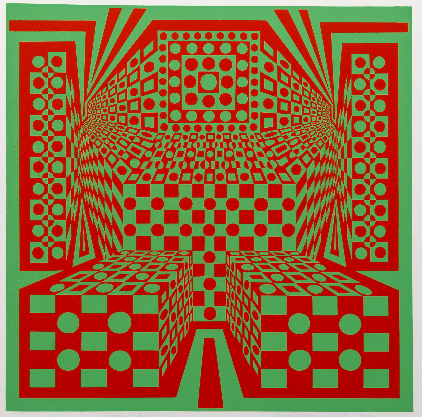 Roy Ahlgren Op Art Serigraph Signed Desert Icon: Ahlgren, Roy (American/Erie, PA, 1927-2011), Desert Icon III, undated (c.1970s), second edition, serigraph on paper, signed, titled and numbered 41/100 in pencil at bottom, full sheet 20 inches square