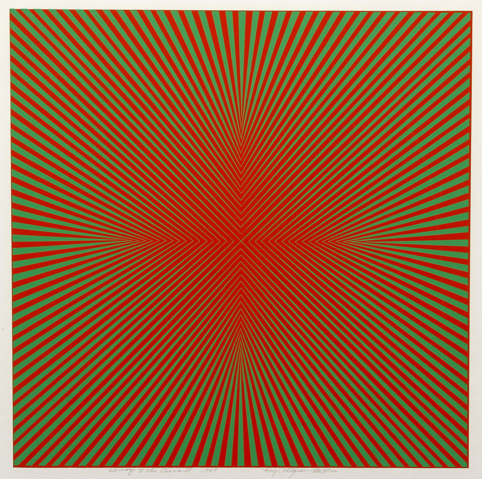Roy Ahlgren Op Art Serigraph Signed Cross: Ahlgren, Roy (American/Erie, PA, 1927-2011), Homage to the Cross II, 1969, second edition, serigraph on paper, signed, titled and numbered 4/100 in pencil at bottom, full sheet 20 inches square, unfra
