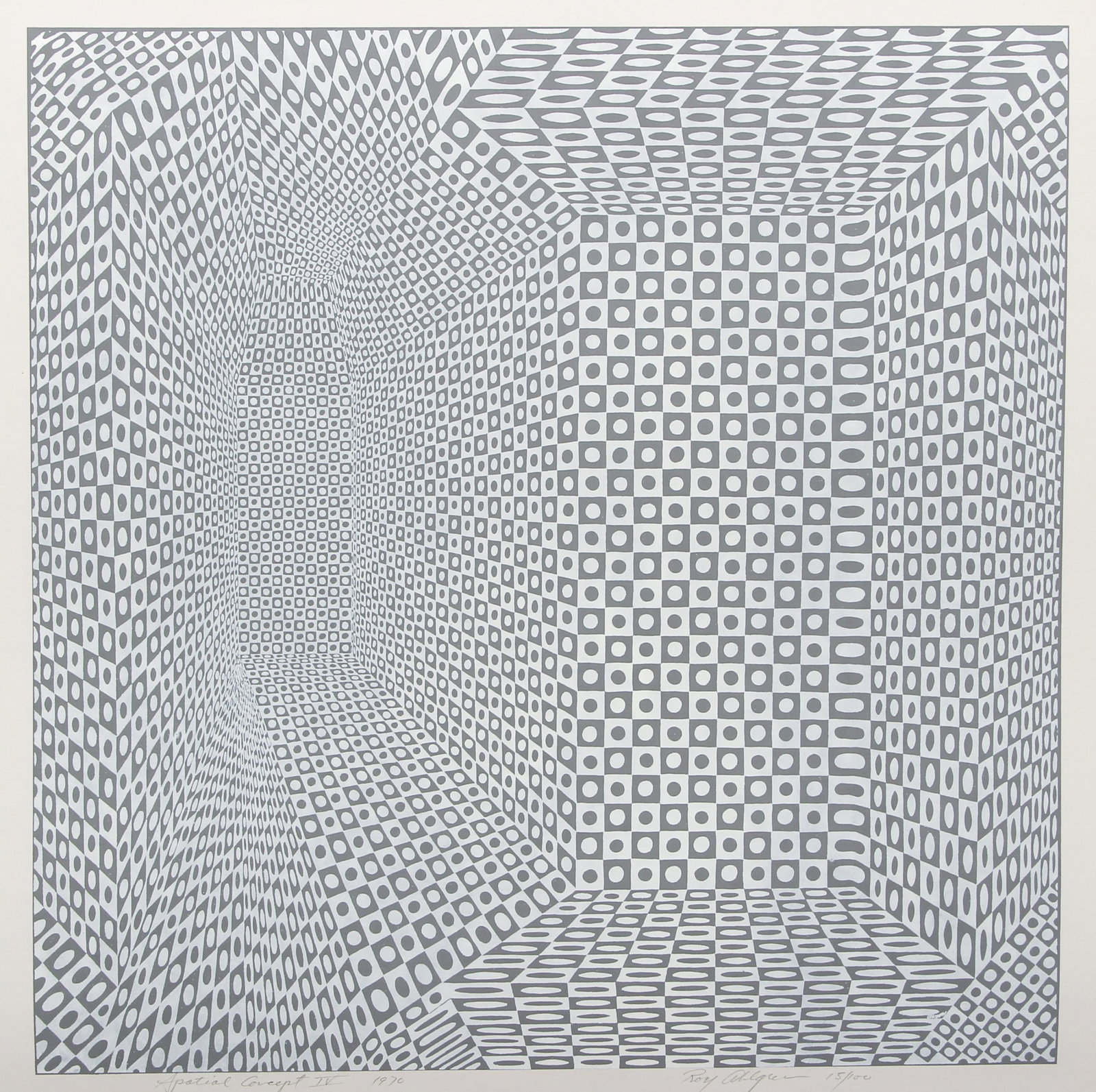 Roy Ahlgren Op Art Serigraph Signed Spatial Concept: Ahlgren, Roy (American/Erie, PA, 1927-2011), Spatial Concept IV, 1970, serigraph on paper, signed, titled and numbered 15/100 in pencil at bottom, full sheet 20 inches square, unframed.
