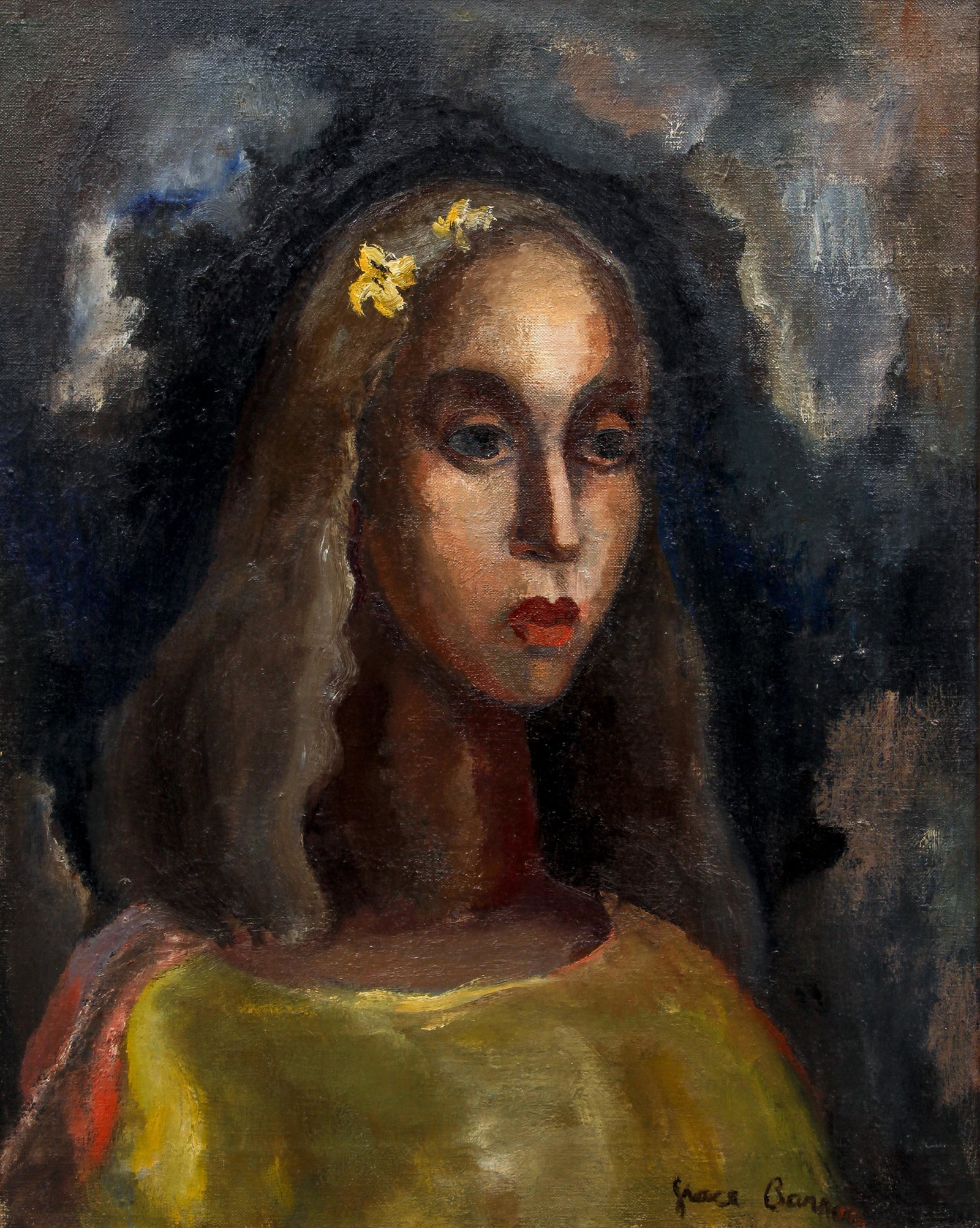 Grace Allison Barron oil Portrait of a Young Woman: Barron, Grace Allison (American, 1899 - 1987), Portrait of a Young Woman, 1960's , oil on canvas, 20 x 16 inches, signed lower right, farmed in a faux gilded bamboo wood frame and linen liner measurin