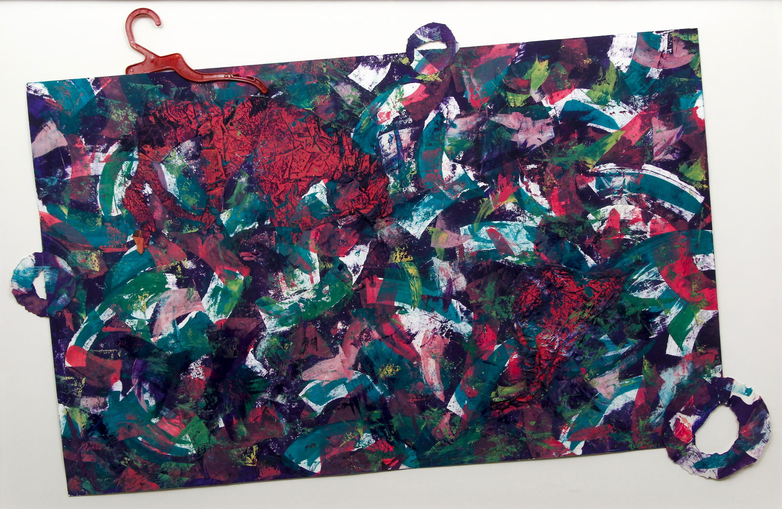 Joanne Bates Colored Garments Move monotype: Bates, Joanne (Contemporary African American/Western PA), Colored Garments Move, monotype print with collage, 29 x 45 inches (irregular), pencil signed and titled lower edge, framed in a maple wood fr