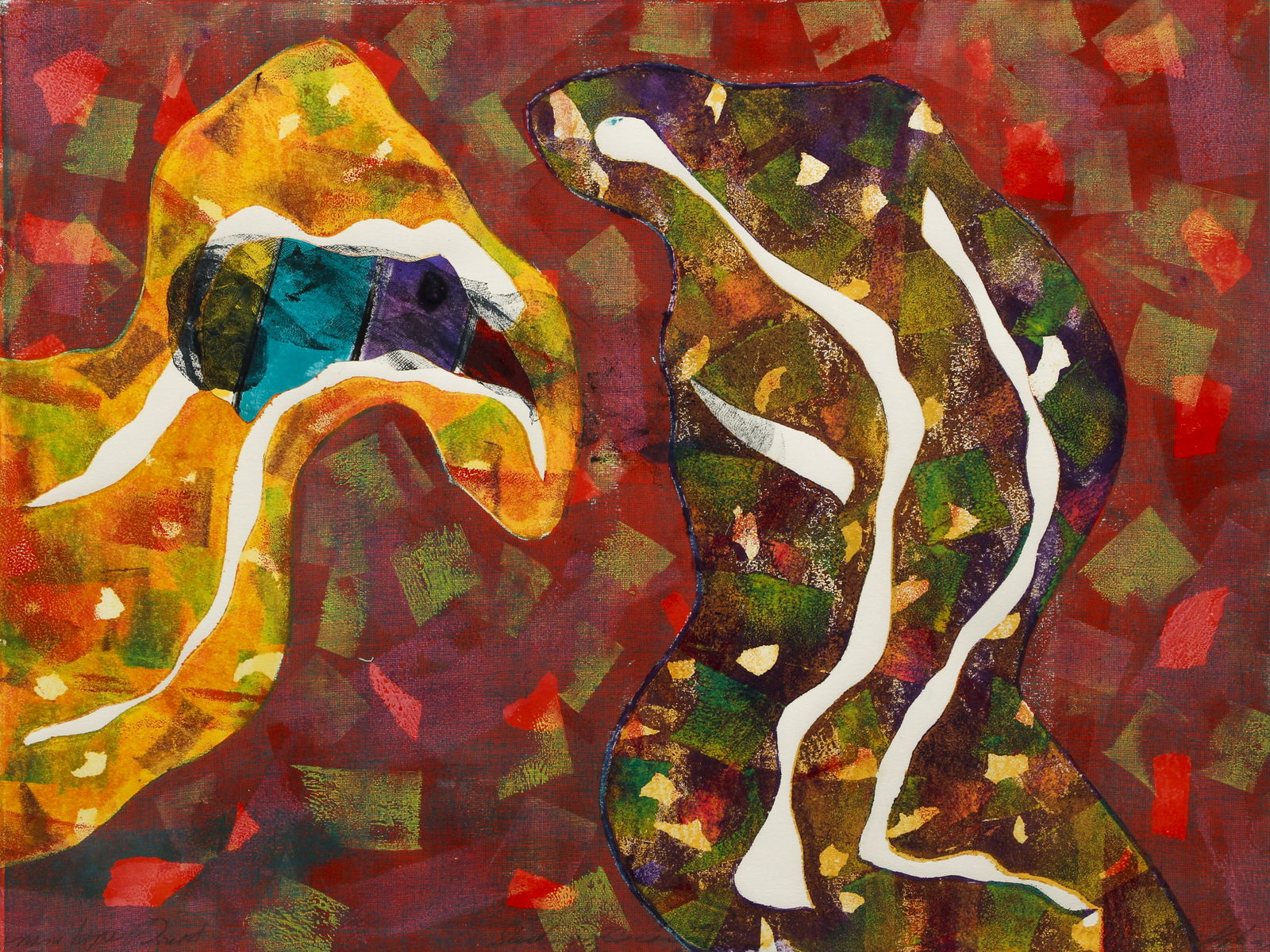 Joanne Bates Start of Color Form monotype: Bates, Joanne (Contemporary African American/Western PA), Start of Color Form, 1995, monotype print with collage, 18 x 24 inches, pencil signed, dated and titled lower edge, framed in a silver metal f