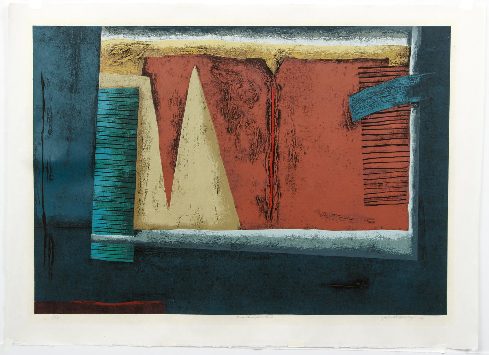 Pair Charles Battaglini Screenprints Signed: Battaglini, Charles (American, 20th century), Pair of prints: Southern Dwellings and Ancestral Overlook, screenprints on rice paper, both signed, titled and numbered 2/14 in pencil at bottom, images 2