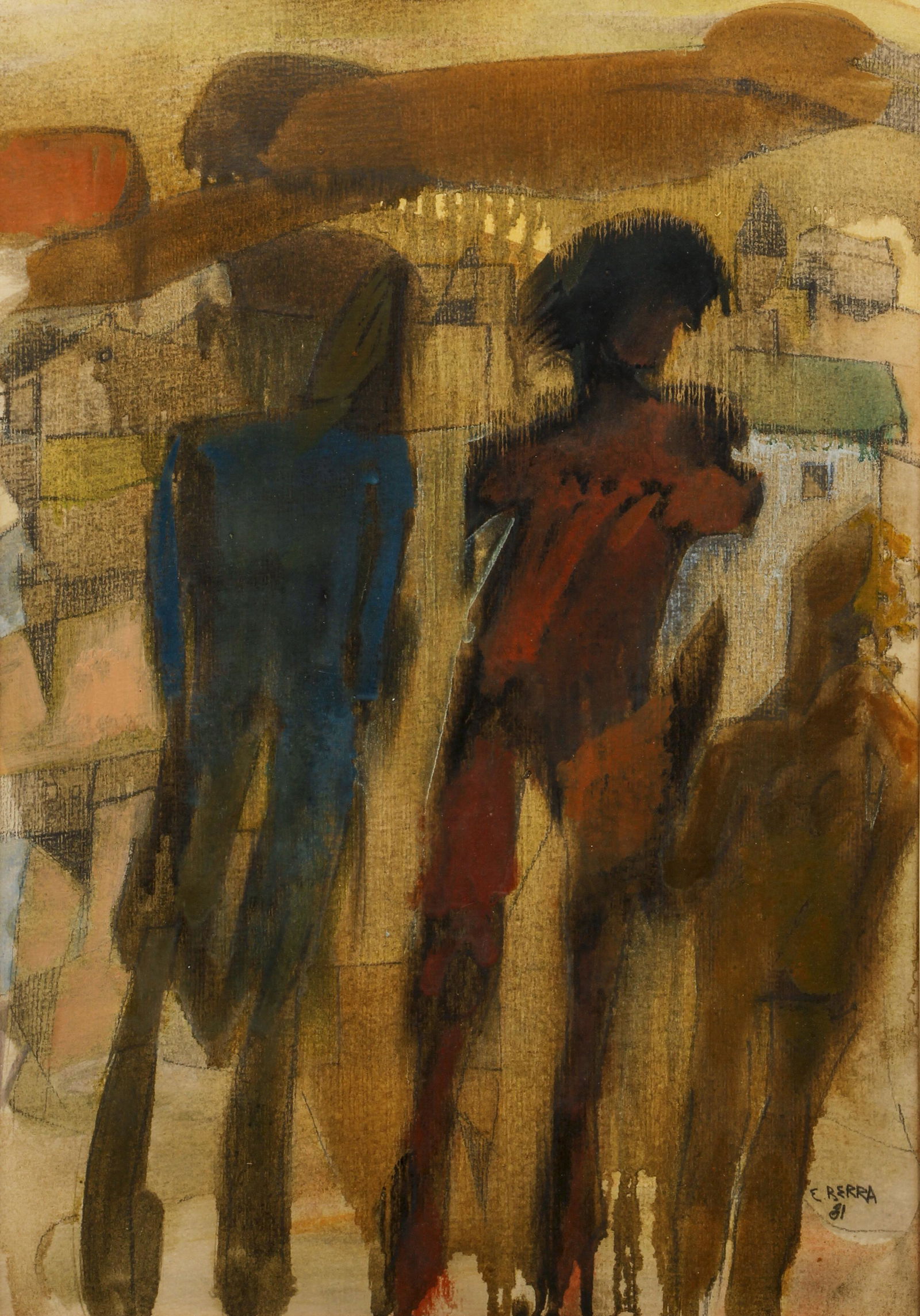 Ernesto Berra Familia del Barrio Painting: Berra, Ernesto (Argentinian, b.1947), Familia del Barrio [Neighborhood Family], 1981, gouache and mixed media on paper, signed and dated lower right, 18 x 12 inches, matted and framed 27 x 22 inches.