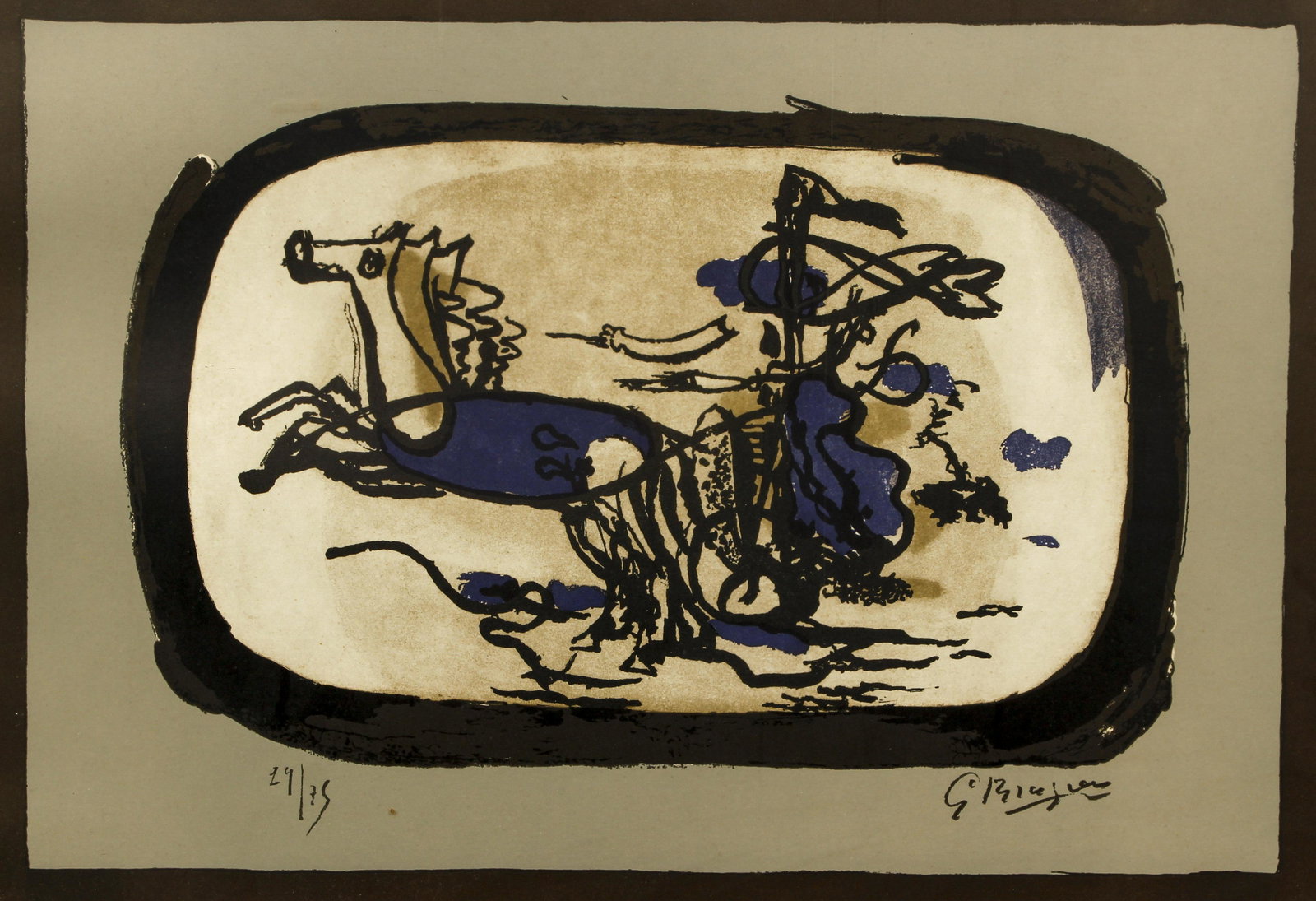 Georges Braque Le Char Pochoir Print: Braque, After George (French, 1882-1963), Le Char II, undated, c.1960s, pochoir print on paper, signed and numbered in plate, 12.75 x 18.5 inches, full sheet 17.25 x 23.5, currently loose in frame 21.