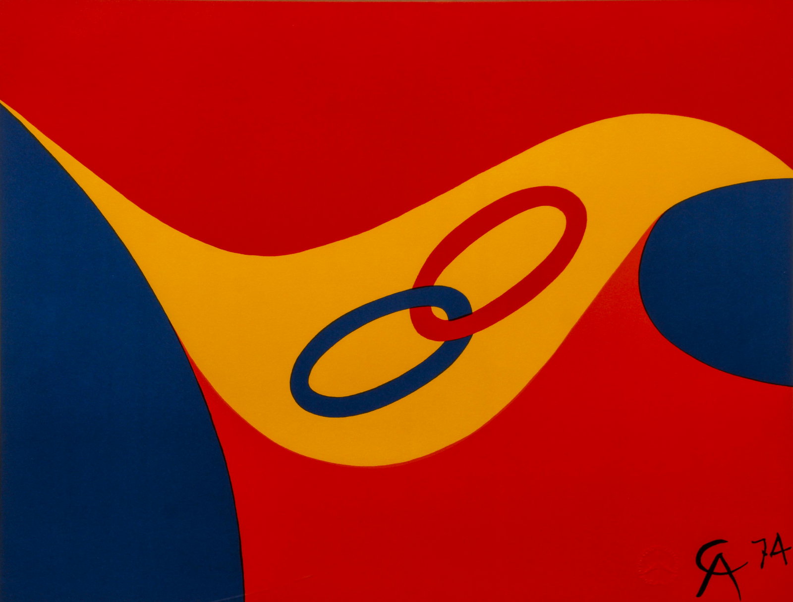 Alexander Calder Friendship Litho 1974: Calder, Alexander (American, 1898-1976), Friendship, 1974, color lithograph on Arches paper, signed in plate, published by Braniff Airlines with their embossed seal lower right, 19.75 x 26 inches, mat