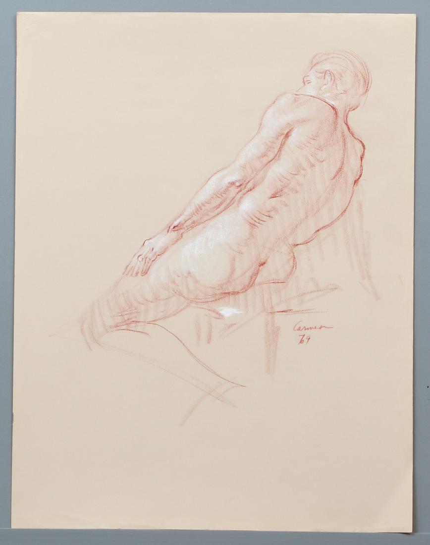 3 Harry Carmean Drawings Male Nudes: Carmean, Harry (American, b.1922), Group of 3 Studies of the Male Nude, colored pencil on paper, each one signed by the artist and are dated (1979, 1984,), 25.5 x 19.5 inches, all unframed. Provenance