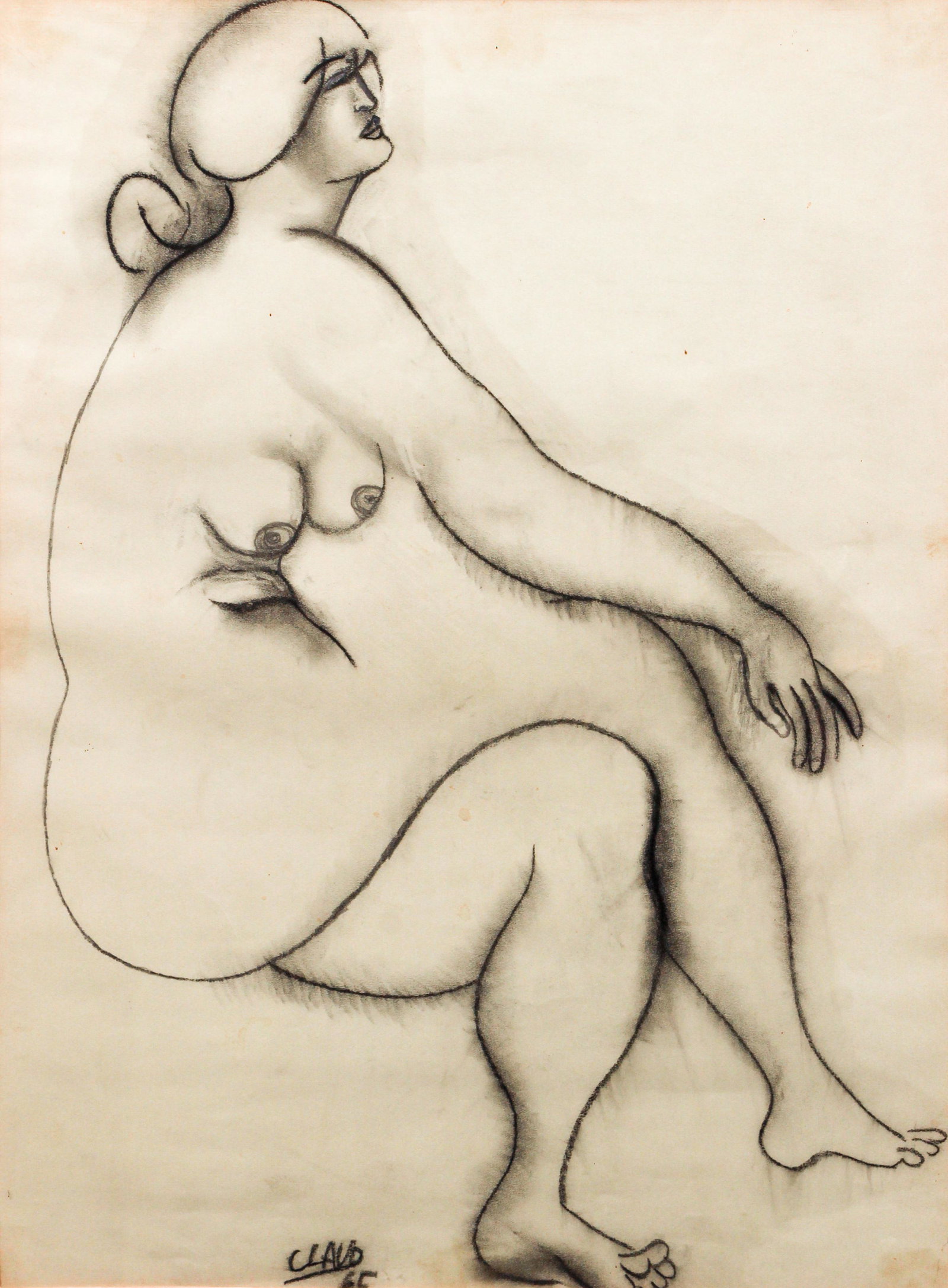 Javier Clavo 1965 charcoal Seated Nude: Clavo, Javier (Spanish 1918-1994), Seated Nude, 1965, charcoal drawing, 24.75 x 18.25 inches, signed and dated lower left, framed measuring 34.5 x 26.5 inches.