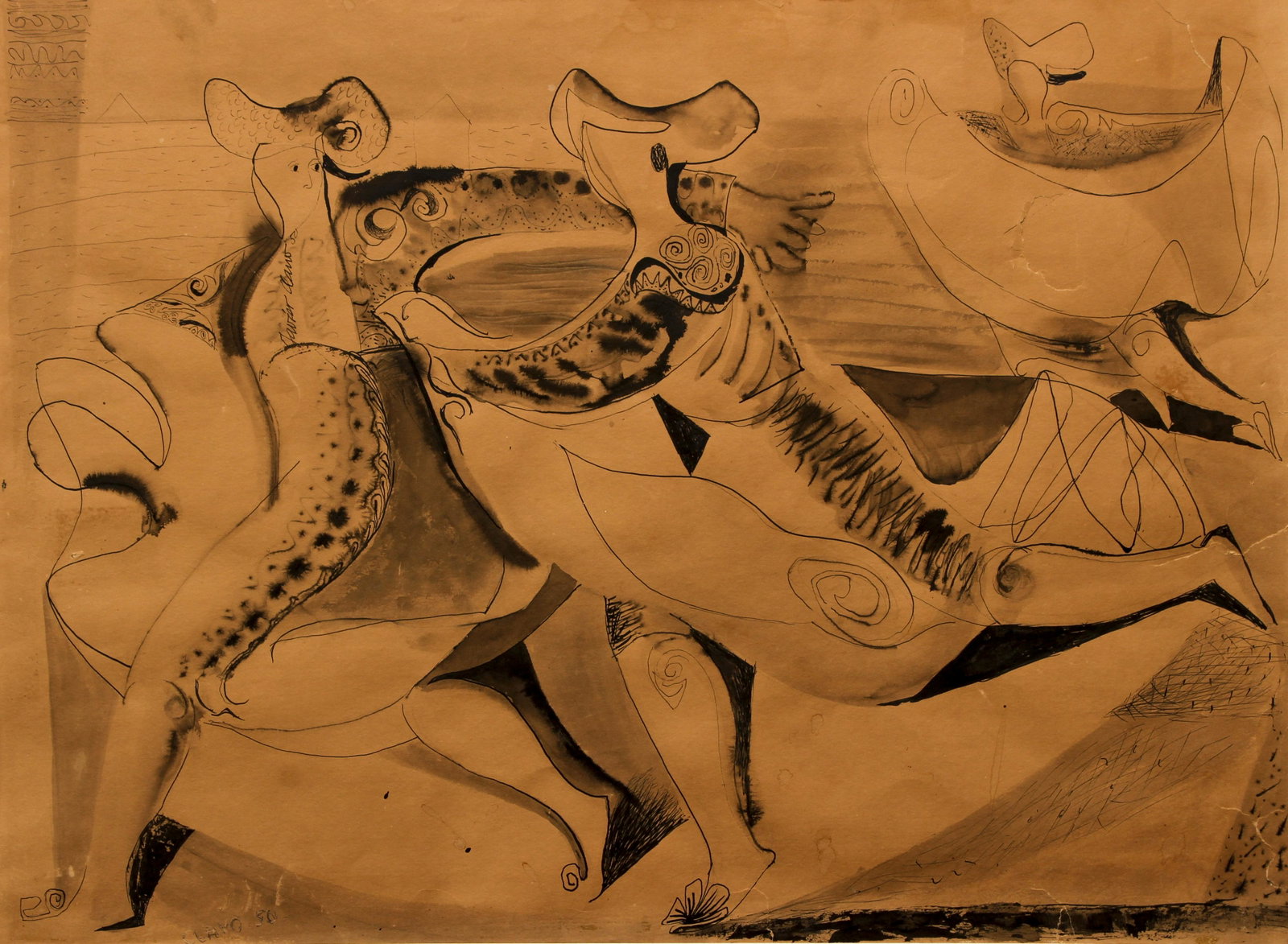 Javier Clavo Toreros Corriendo: Clavo, Javier (Spanish, 1918-1994), Toreros Corriendo, c.1950, ink on paper, signed under bullfighter's face, also appears to have "Clavo 50" scratched in at lower left, 18 x 23 inches, after an image