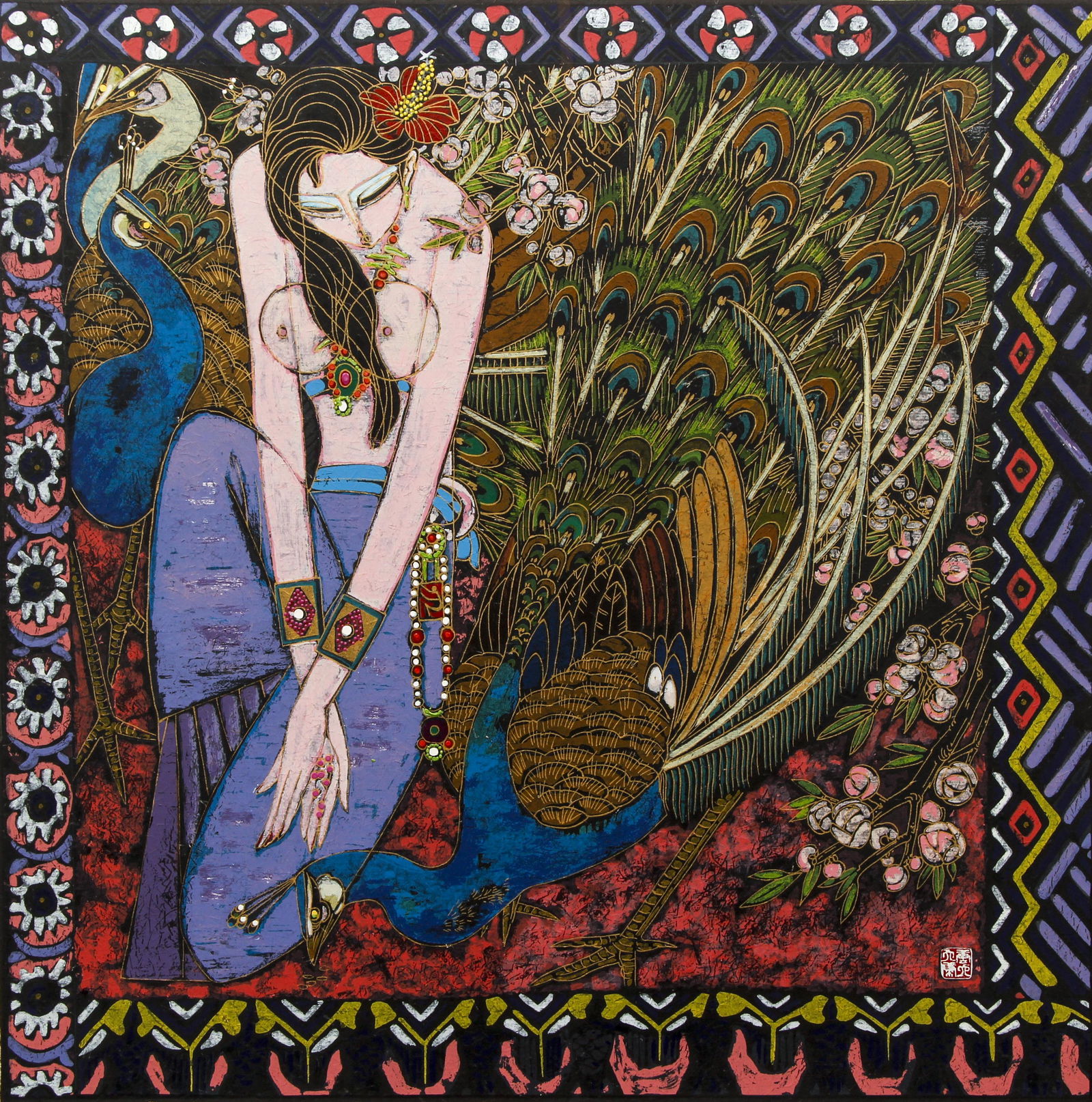 Tang Da-Kang 1990 original print Chinese Beauty with: Da-Kang, Tang (Chinese 1944-1999), Chinese Beauty with Peacock, 1990, relief print with hand coloring on Japon paper, 32.5 x 32 inches, pencil signed and dated 1990, inscribed PP 1/5 lower left, frame