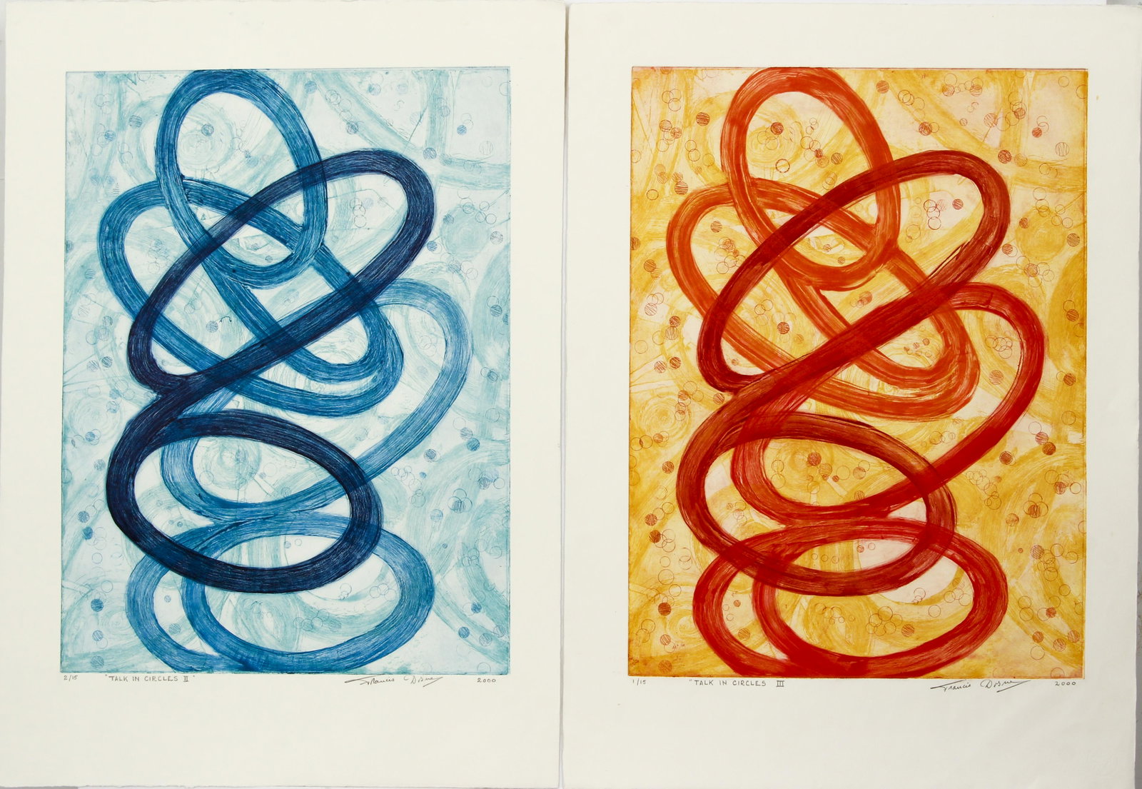 2 Francis Dosne 2000 etchings Talk In Circles: Dosne, Francis (Contemporary French American), Talk In Circles II & III, 2000, etching and aquatint printed in colors, 24 x 17.75 inches, pencil signed and numbered from editions of 15, unframed