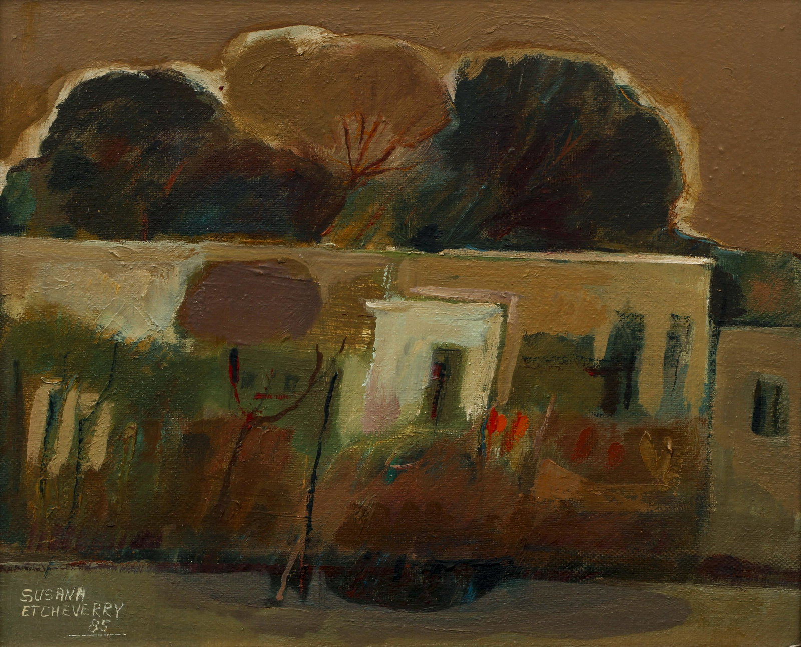 Susana Etcheverry Village Oil Painting Argentina: Etcheverry, Susana (Argentinian, contemporary), Paisaje Urbano [Urban Landscape] (likely in Cordoba, Argentina), 1985, oil on canvas, signed and dated lower left, 9.25 x 11.5 inches, framed 14 x 16 in