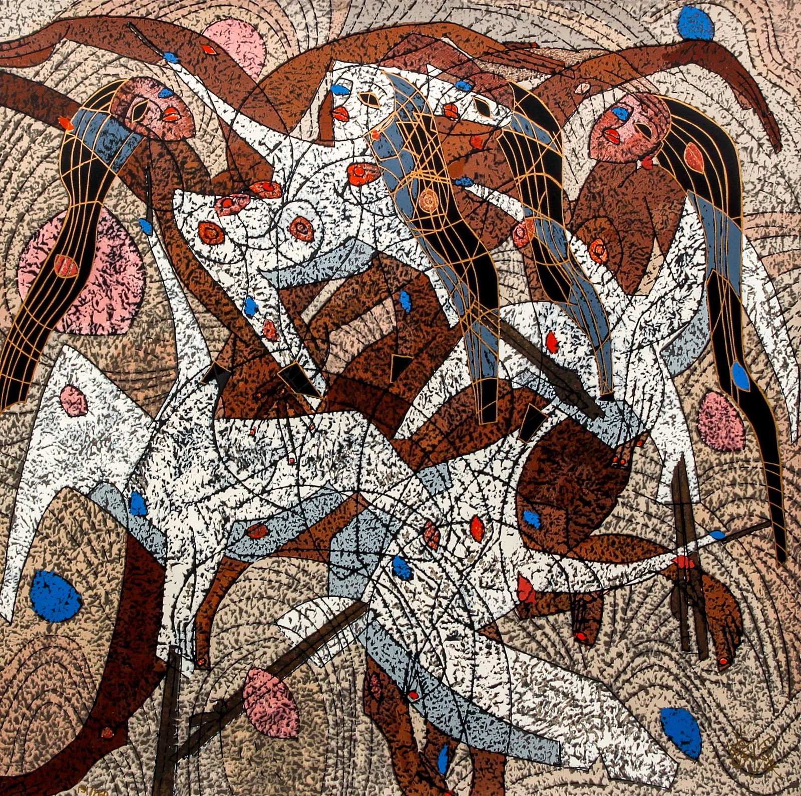 Jiang Tie Feng original serigraph Flight: Feng, Jiang Tie (Chinese, Born 1938), Flight, serigraph printed in colors, 30 x 30 inches, signed in gold ink and numbered 151/260, framed in a gilded wood frame, measuring 41 x 41 inches, Provenance: