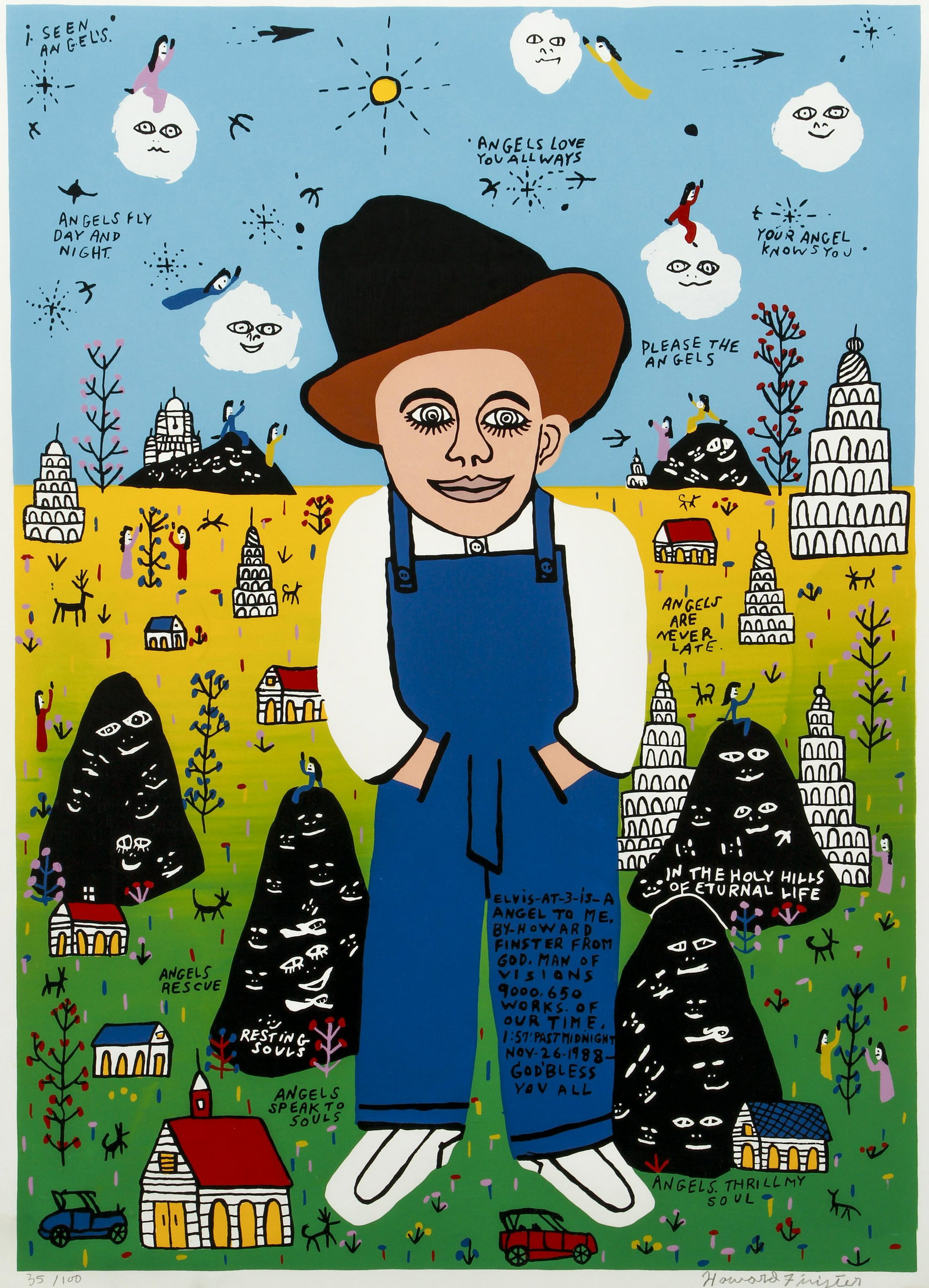 Howard Finster I Seen Angels Litho Signed Ltd: Finster, Howard (American, 1916-2001), I seen Angels, undated (c.late 1980s), lithograph, signed and numbered 35/100 in pencil at bottom, 28.5 x 19.75 inches, in a carved and painted frame made by Fin