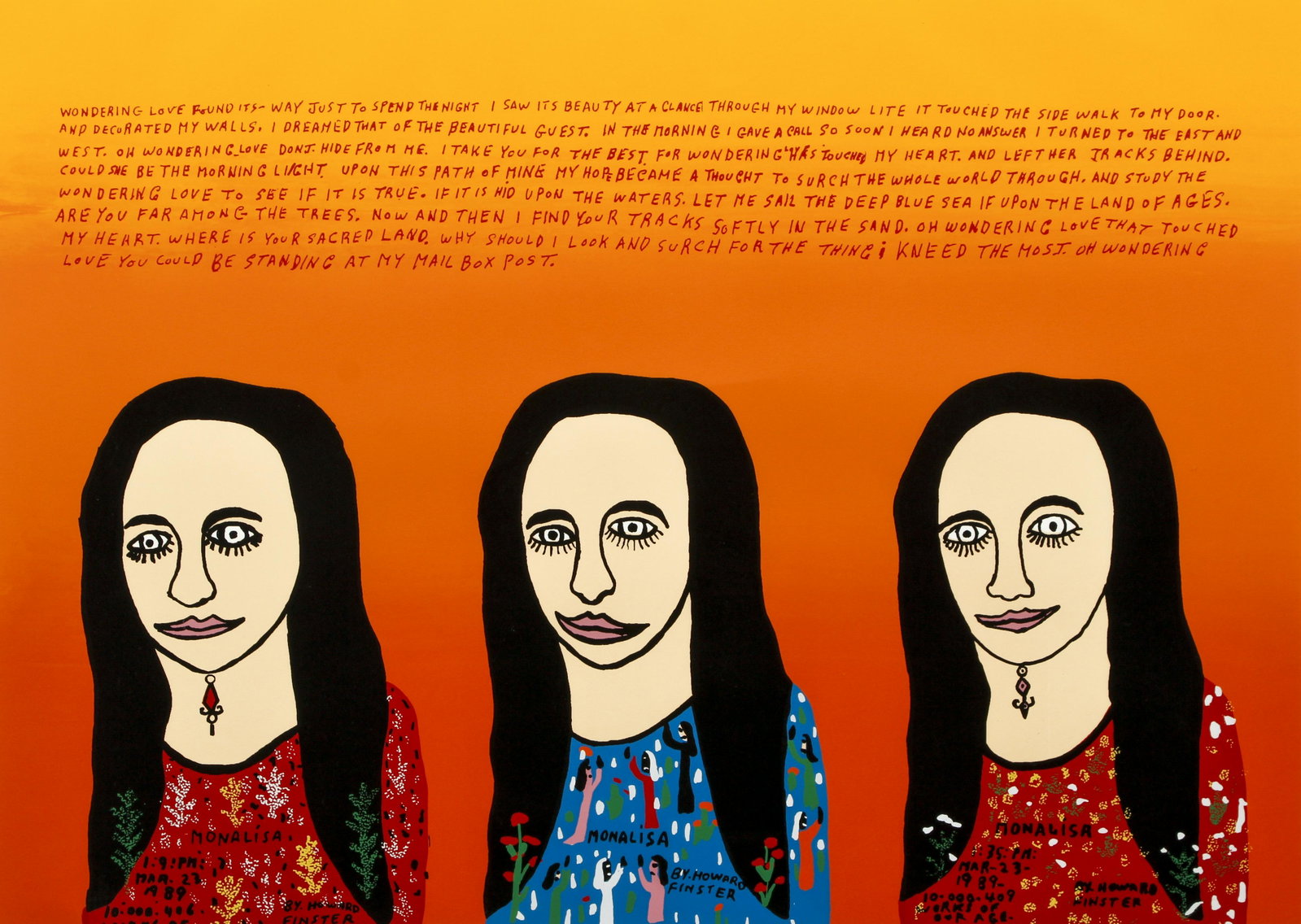 Howard Finster Mona Lisa Screenprint Signed Ltd: Finster, Howard (American, 1916-2001), Mona Lisa, 1989, screenprint, signed and numbered 40/100 in pencil at bottom, 20 x 28 inches, in a carved and painted frame made by Finster's grandson measuring 
