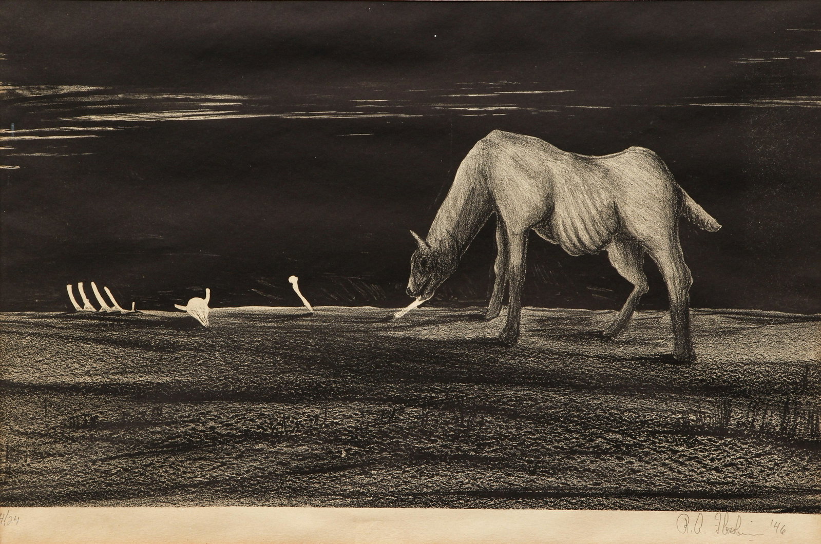 Richard Florsheim Original Lithograph Signed 1946: Florsheim, Richard (American/Chicago, 1916-1979), Desert Nocturne, 1946, lithograph on paper, signed, dated and numbered 4/29 in pencil at the bottom, image 9.25 by 15 inches, matted and framed but no