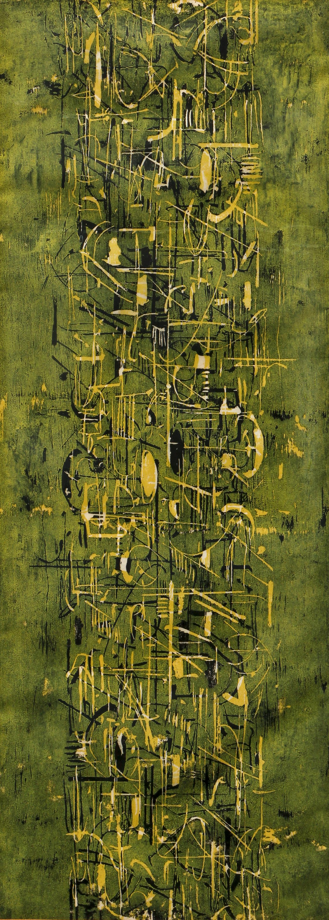 George 1954 abstract expressionist color woodblock: George, (20th Century Abstract Expressionist School), Untitled (Abstract Tower), 1954, color woodcut, 21.25 x 8 inches (sight size), signed and dated on the mat edge, Provenance: Paul Kantor Gallery, 
