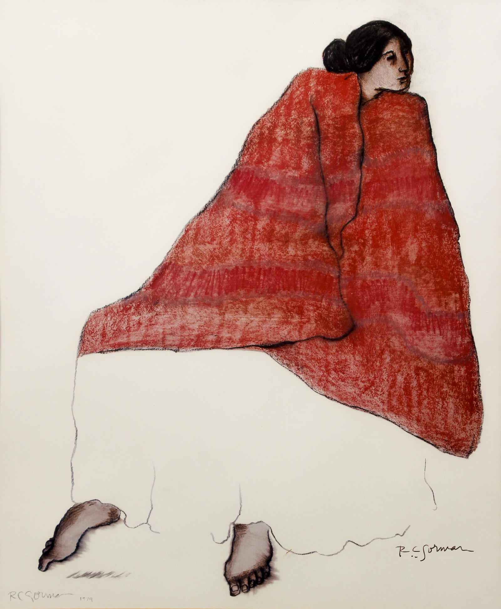 R. C. Gorman signed offset litho Red Blanket: Gorman, R. C. (Native American, 1931-2005), Woman in Red Blanket, c.1979, offset lithograph on paper, signed in ink by Gorman lower right, image approx. 21 x 16 inches, matted and framed 29.5 x 25 inc