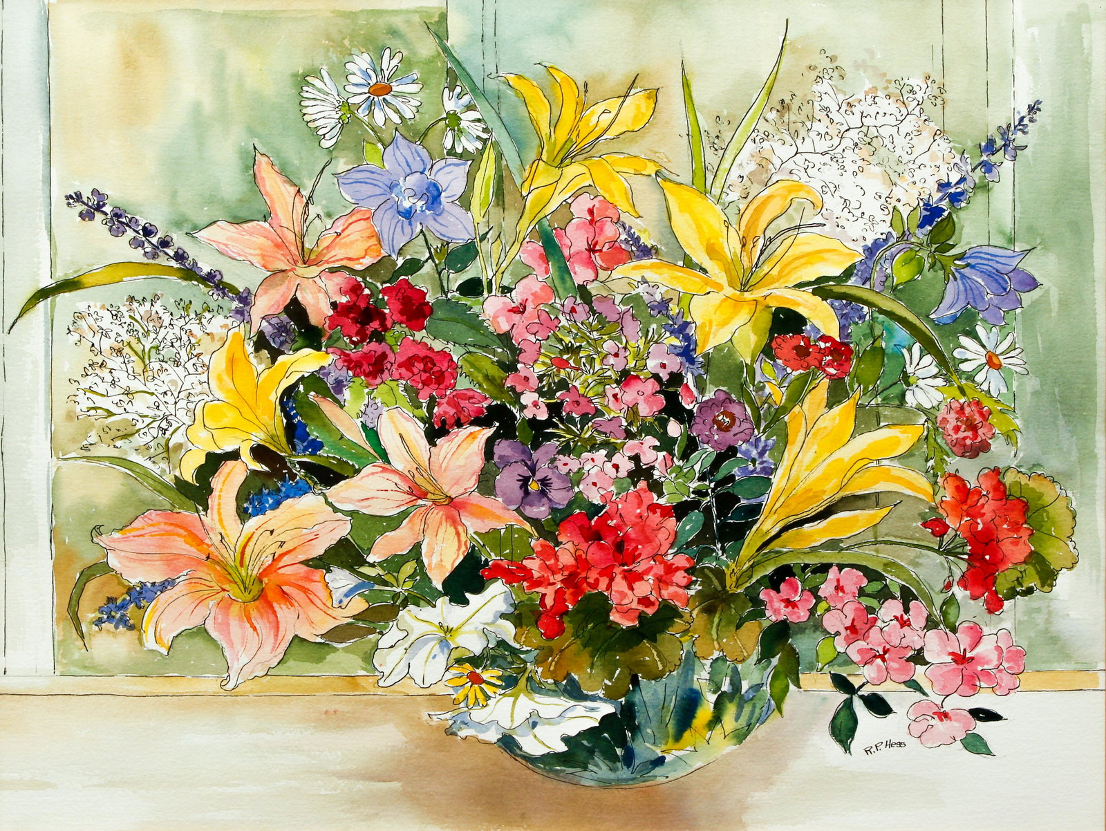 R. P. Hess watercolor and ink Still Life of Flowers: Hess, R. P. (20th Century American, Western Pa.), Still Life of Flowers in a Pot, 1980's, watercolor and ink, 18.5 x 24.5 inches, signed R.P. Hess lower right, framed in a gilded wood frame measuring