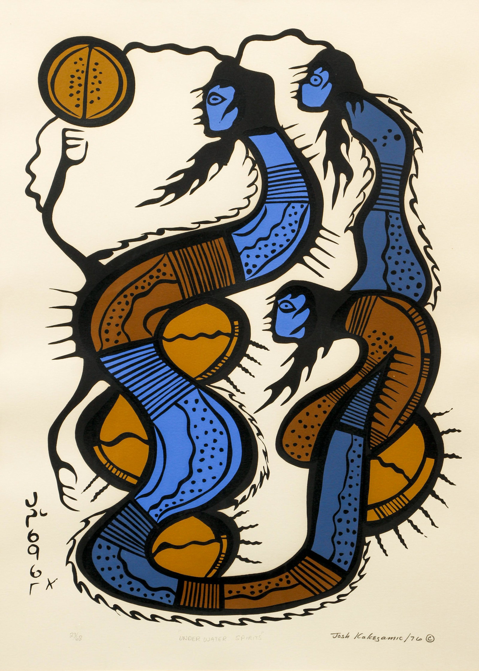 Josh Kakegamic Underwater Spirits Signed Serigraph: Kakegamic, Joshim "Josh" (Canadian/First Nations, 1952-1993), Underwater Spirits, 1976, serigraph on paper, signed, dated, titled and numbered 23/68 in pencil at bottom, image 17.25 x 12.75 inches, ma