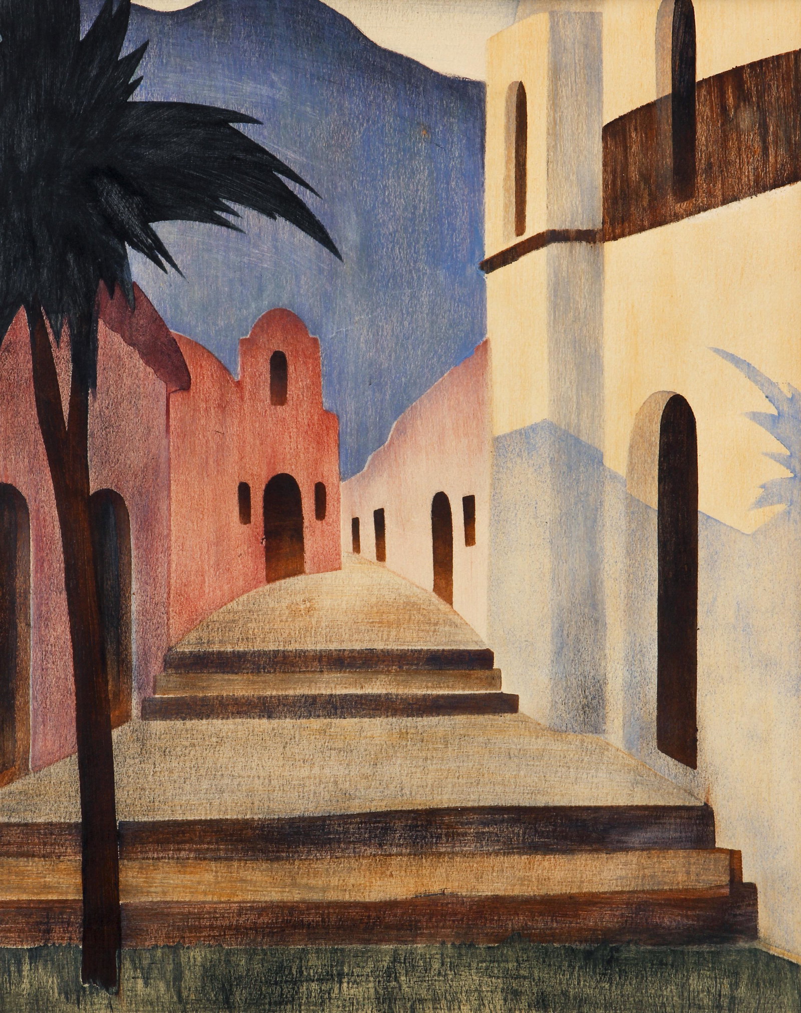 Mabel King Oaxaca Watercolor Painting: King, Mabel (American, 20th century), Late Afternoon Oaxaca [Mexico], 20th century, dry brush watercolor on paper, signed and titled in pencil on the mat, 9.75 x 7.75 inches, matted but not framed