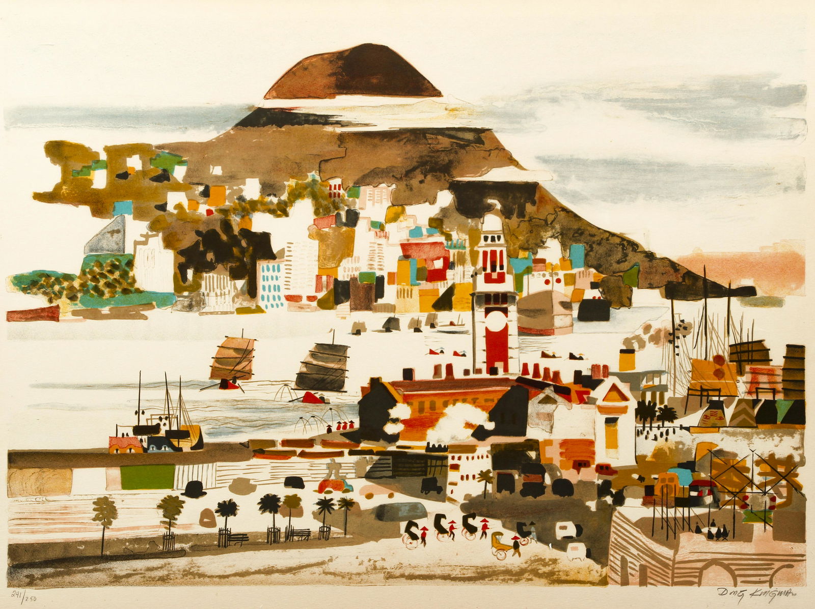 Dong Kingman Hong Kong Signed Litho: Kingman, Dong (Chinese American, 1911-2000), Hong Kong Harbor, c.1970s, lithograph on paper, signed and numbered 241/250 in pencil at bottom, 18 x 25.25 inches, framed 22 x 30.75 inches.