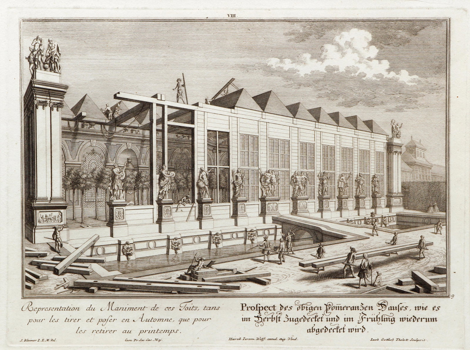 Architectural Engraving after S. Kleiner Roofing: After drawings by Salomon Kleiner (German 1700-1761), Roofing Project from Classical Building and Expansion, engraving on laid paper, 11.5 x 15.5 inches, framed in a very nice gilded wood frame measur