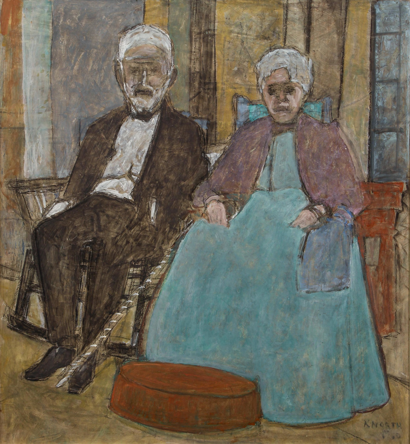 Knorth 1960 painting Seated Couple: Knorth (20th Century American School), Seated Couple, 1960, acrylic and mixed media on masonite panel, 26 x 24 inches, signed and dated lower right, framed in a silver wood frame measuring 29 x 27 inc