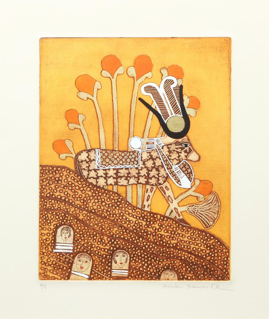 Mireille Kramer Signed Litho Middle Eastern: Kramer, Mireille (Egyptian/Israeli, b.1932), Ibex, color lithograph, signed and numbered 11/99 in pencil at bottom, 14.75 x 11.5 inches, matted and framed 26.5 x 23.5 inches.