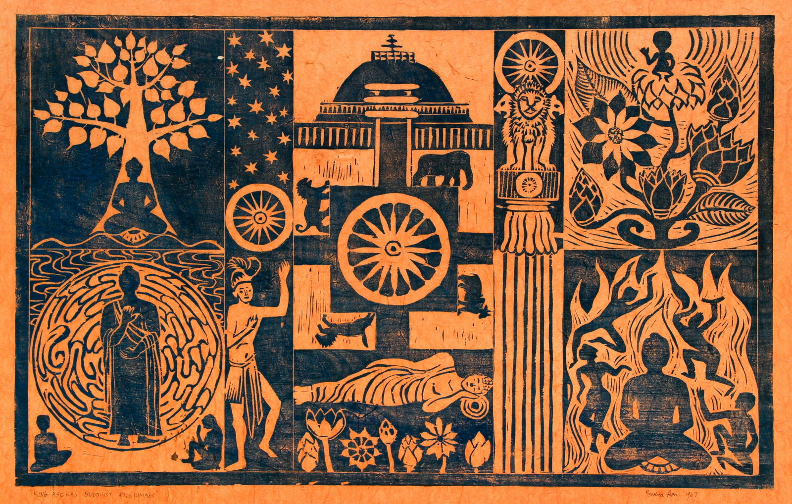 Rowena Leary Kryder Buddhist Pilgrimage Woodblock: Kryder, Rowena (Leary) Pattee (American, d.2014), King Asoka's Buddhist Pilgrimage, color woodblock on paper, 1967, signed, titled and dated at bottom, image 20 x 32.5 inches, framed 27 x 39 inches. P